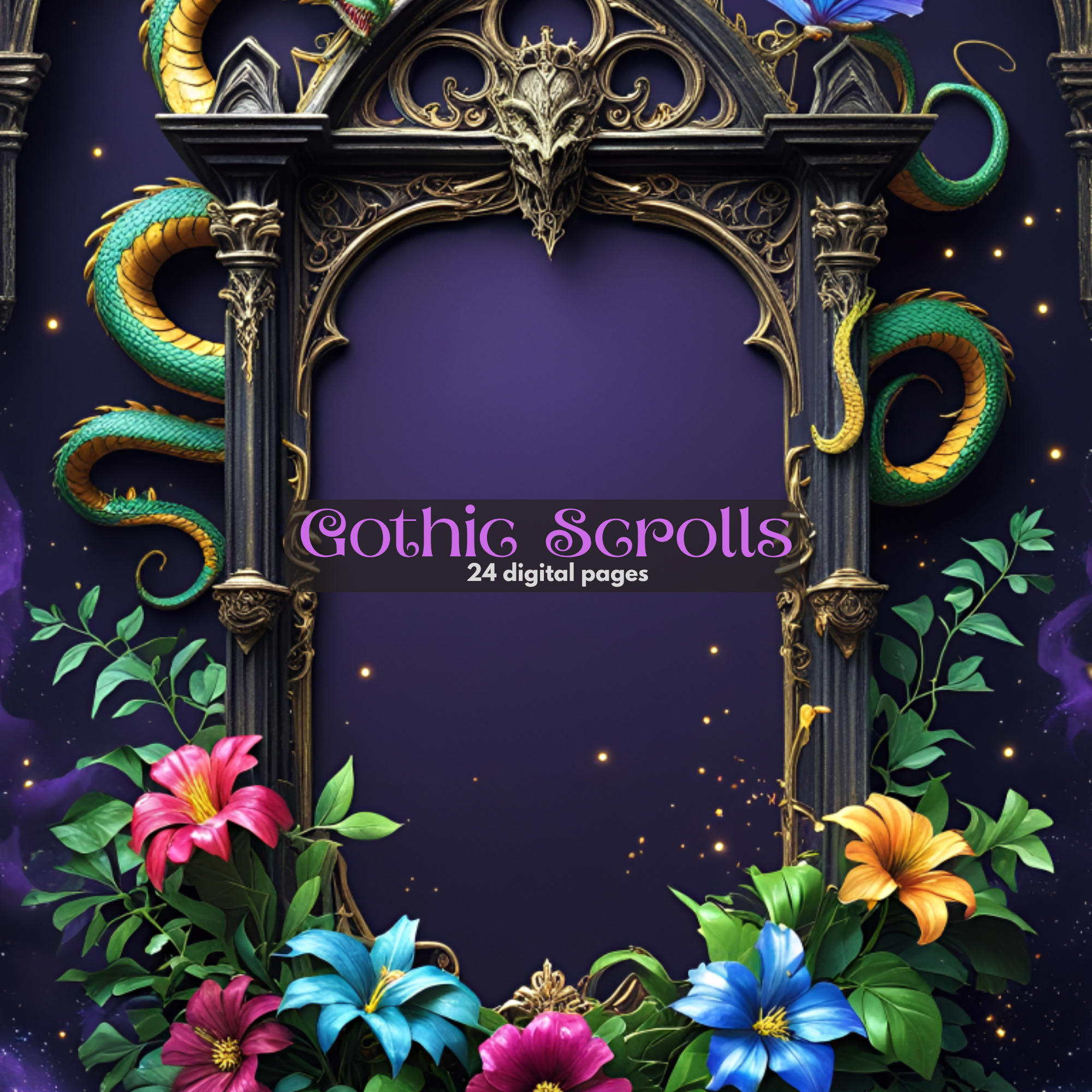 Gothic Scrolls Digital Papers, Dragon Digital Paper Fantasy Arch Frames Mystical Floral Ornate Medieval| Emerald Snake & Dragon Frames | Gothic Scrapbook