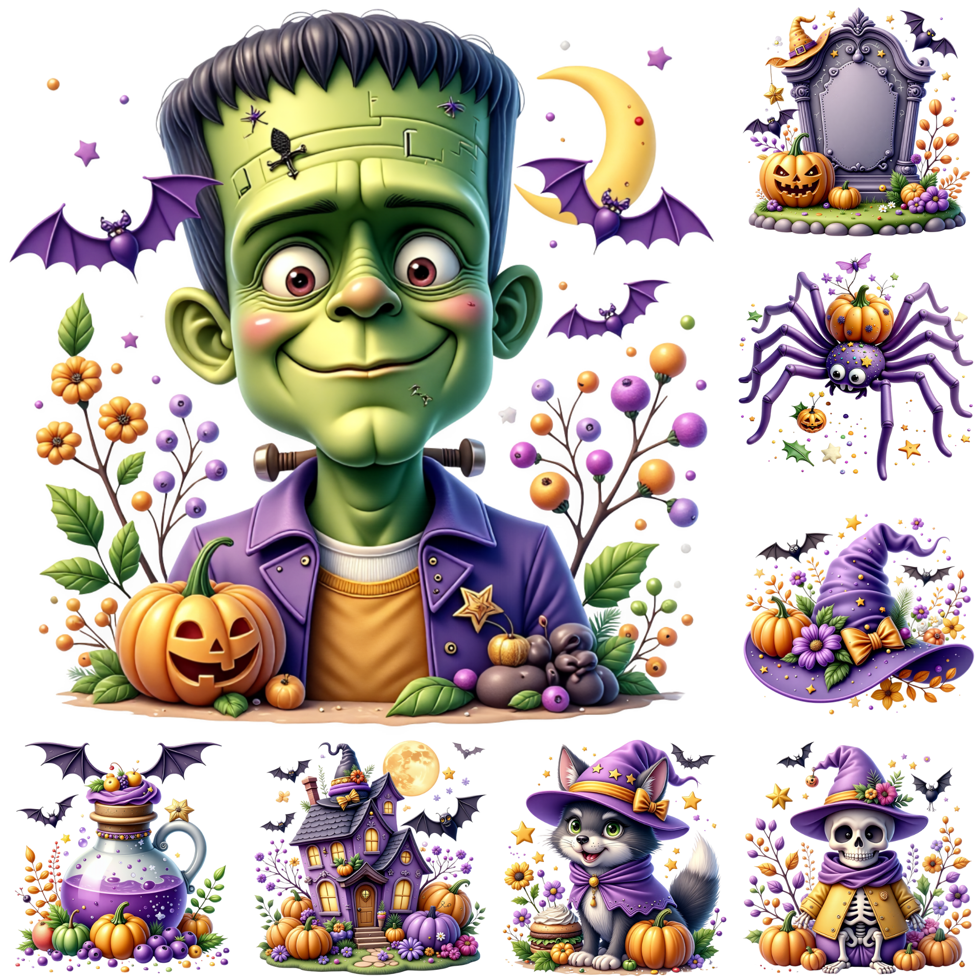 Cute Halloween Clipart Bundle |Spooky Kawaii Witch & Ghost PNGs | Digital Download