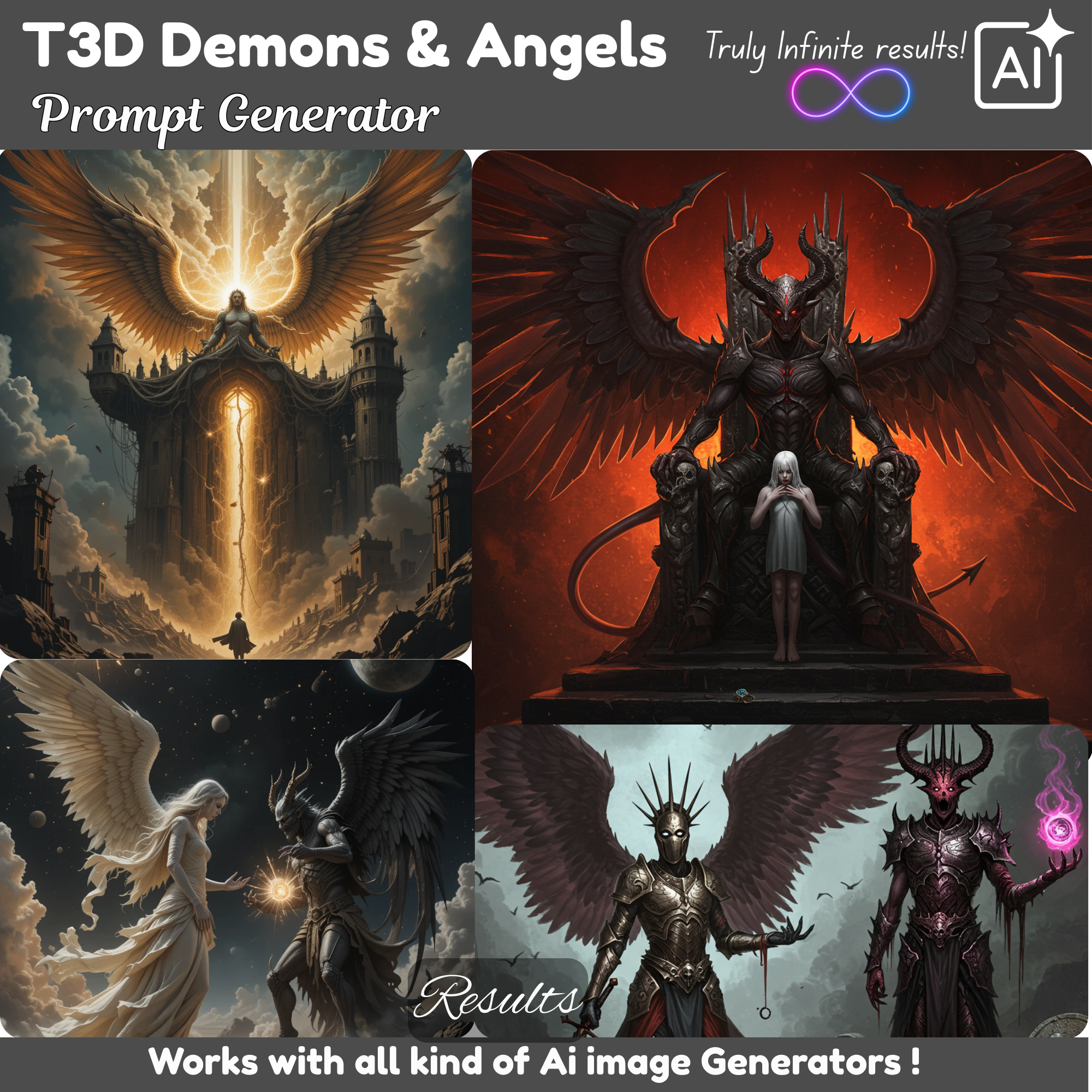 T3D Demons Angels Prompts generator, clipart builder, prompt builder, google image generator, Demons images, Angels Generator Ai Prompt