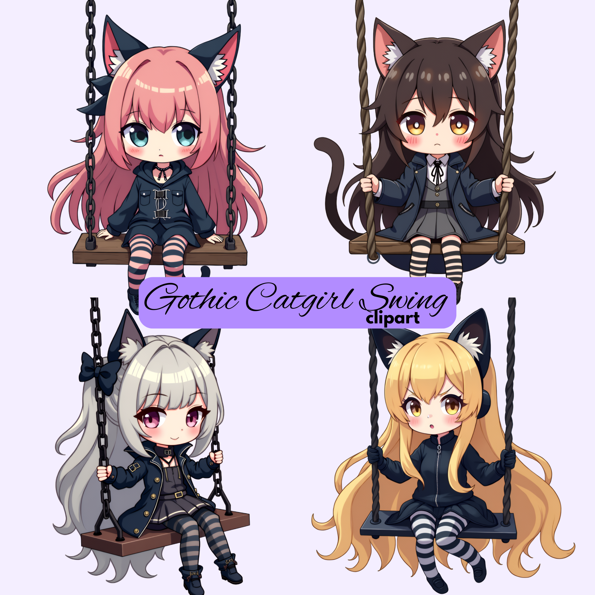 Gothic Catgirl Chibi Clipart Bundle - Kawaii Neko on Swing PNG, halloween images, witch images