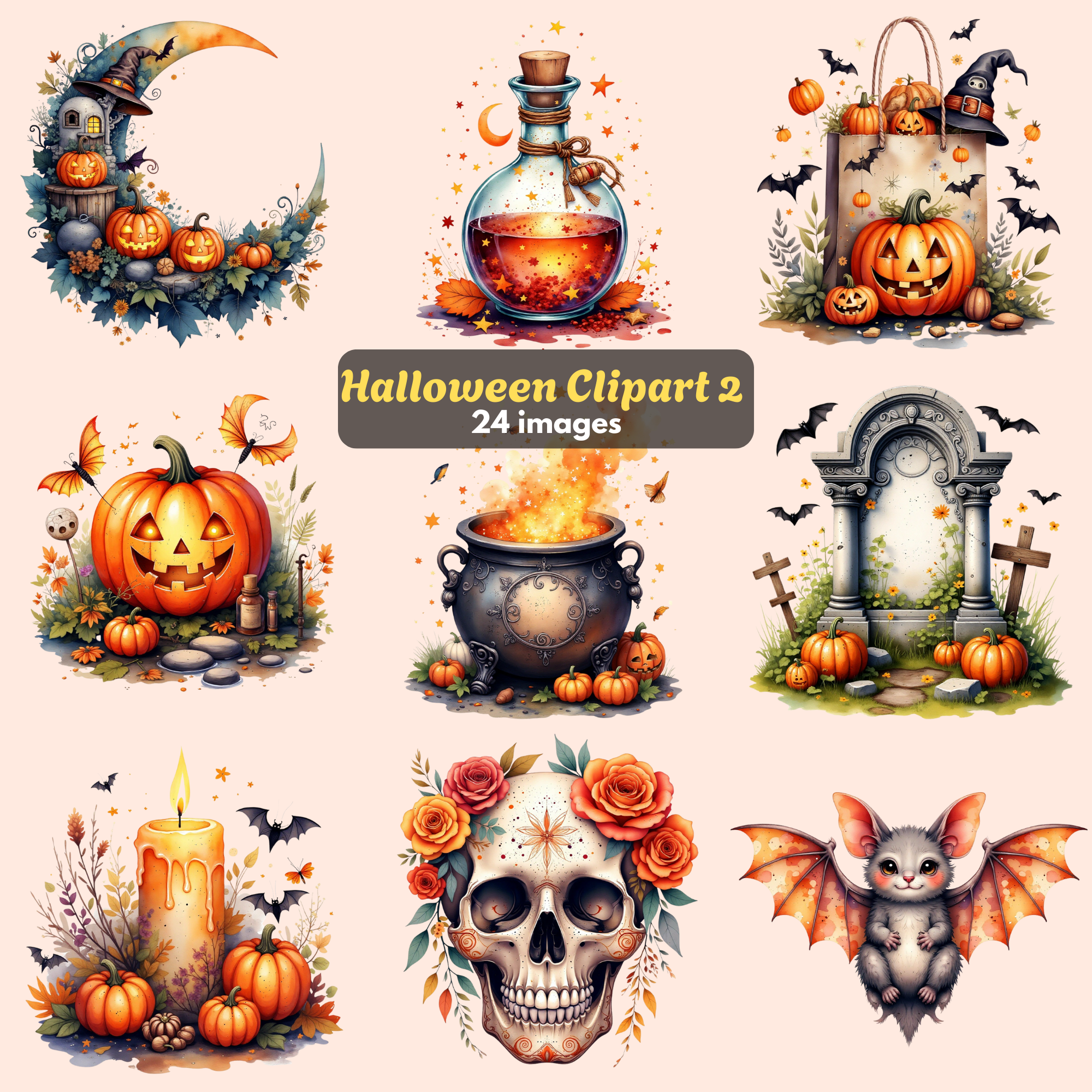 FREE Halloween Clipart Bundle, Spooky Digital PNGs, Free Jack-o'-Lantern & Witch Hat Art