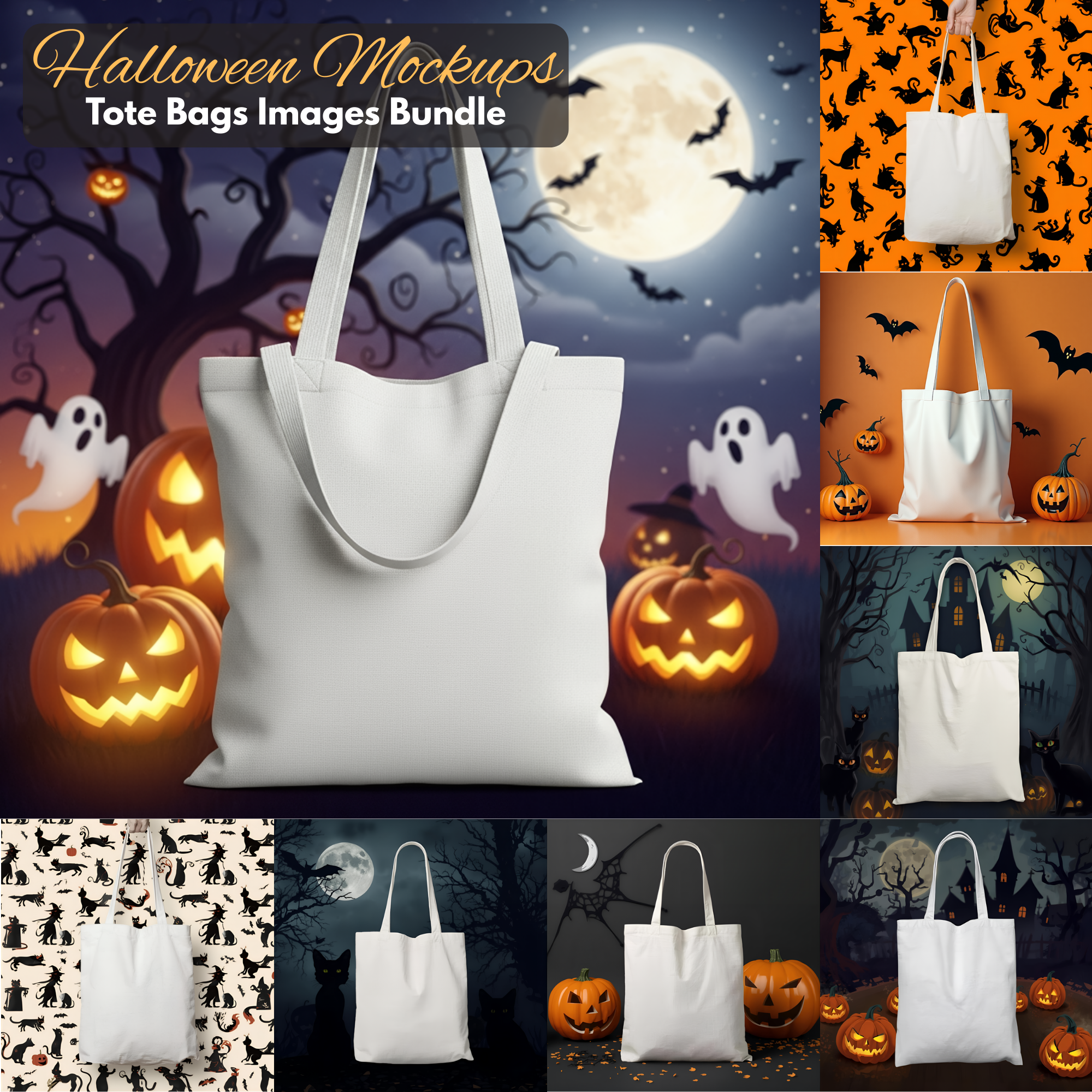 Halloween Tote Bag Mockup Bundle Spooky Tote Bag Mockups Digital Product Promotion Etsy Shop White Tote Bag Product Display Bundle