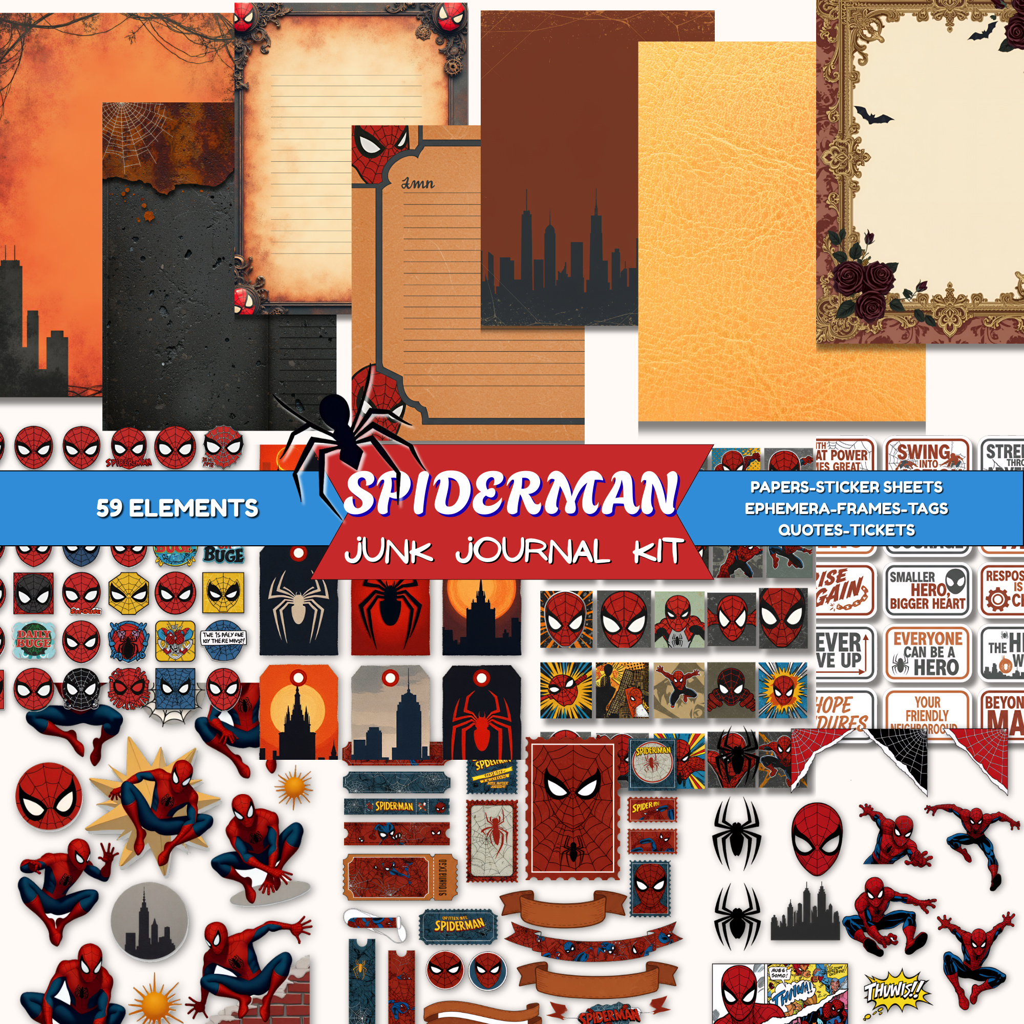 Spiderman Digital Junk Journal Kit | Superhero Junk Journal pages | Superhero Scrapbook Ephemera Kids Journal