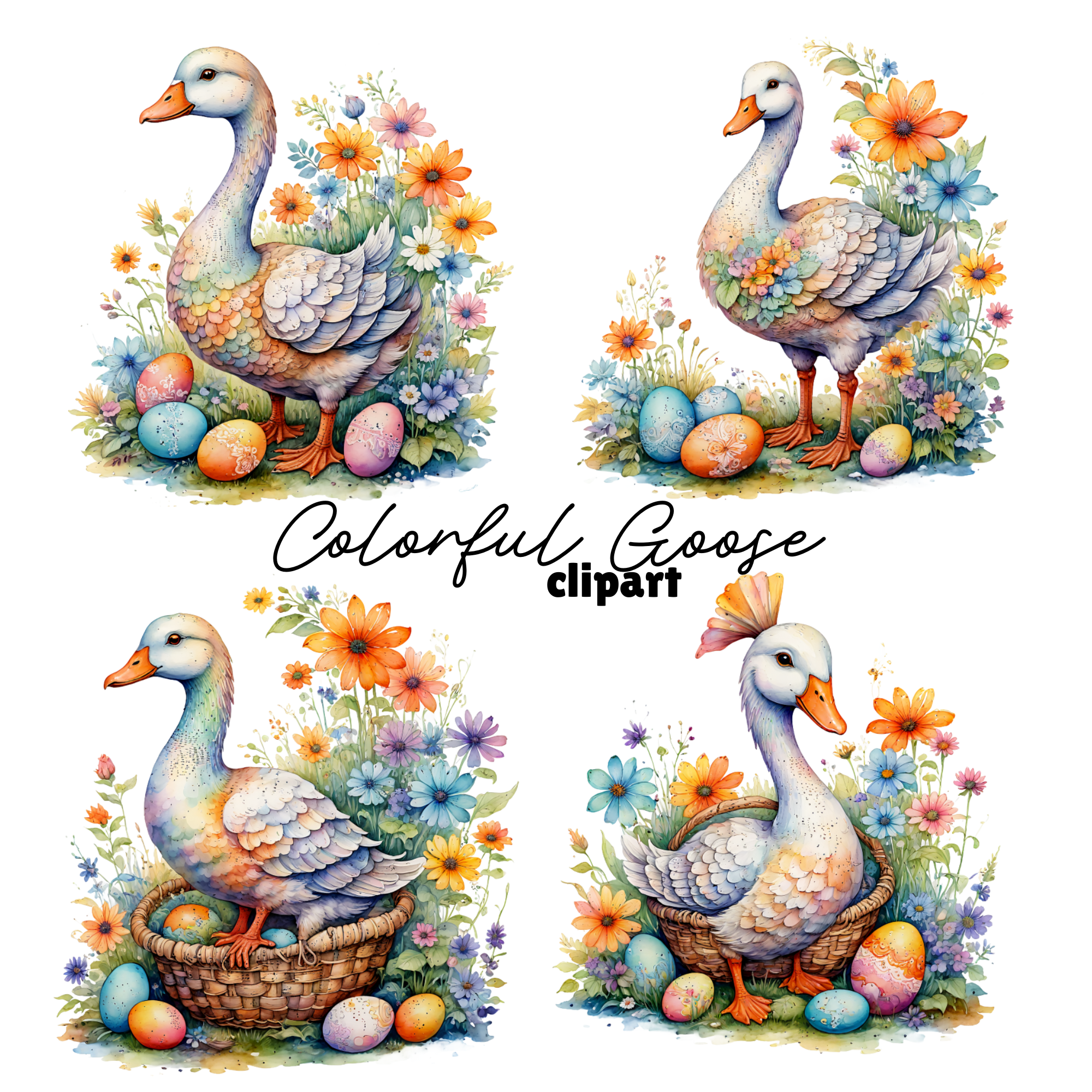Watercolor Goose Floral Basket Digital Clipart Set, goose png transparent, goose clipart