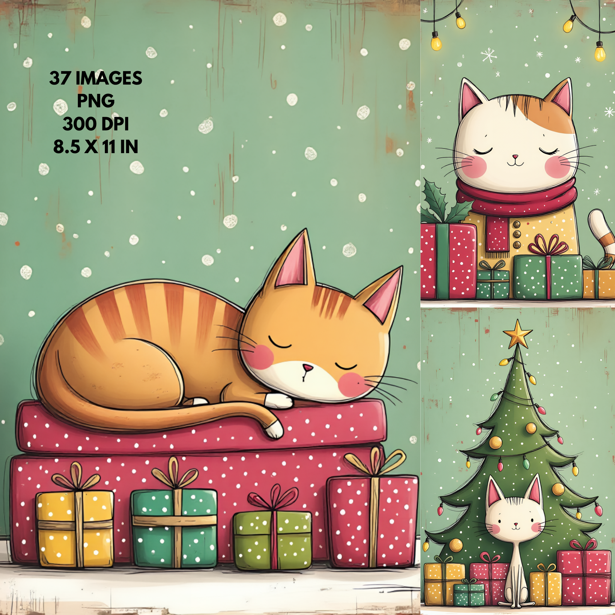 Cozy Retro Christmas Cat Digital Paper Pack | Holiday Backgrounds Cute Cat Junk Journal Digital Papers Collection | Christmas Cats