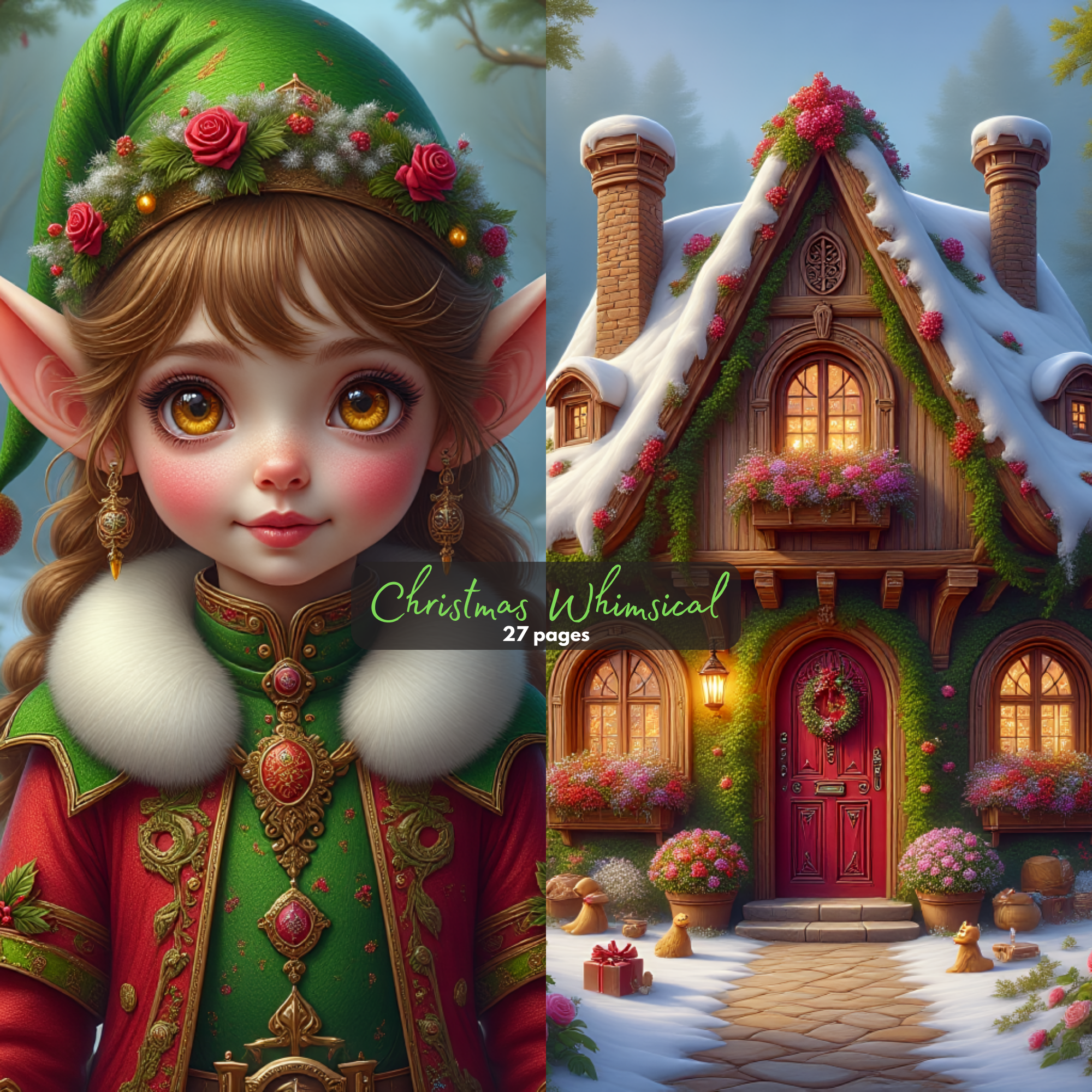 Whimsical Christmas Digital Pages Winter Wonderland PNGs | Snowman, Nutcracker, Cozy Scenes, Fairytale Homes Journal Pages Backgrounds