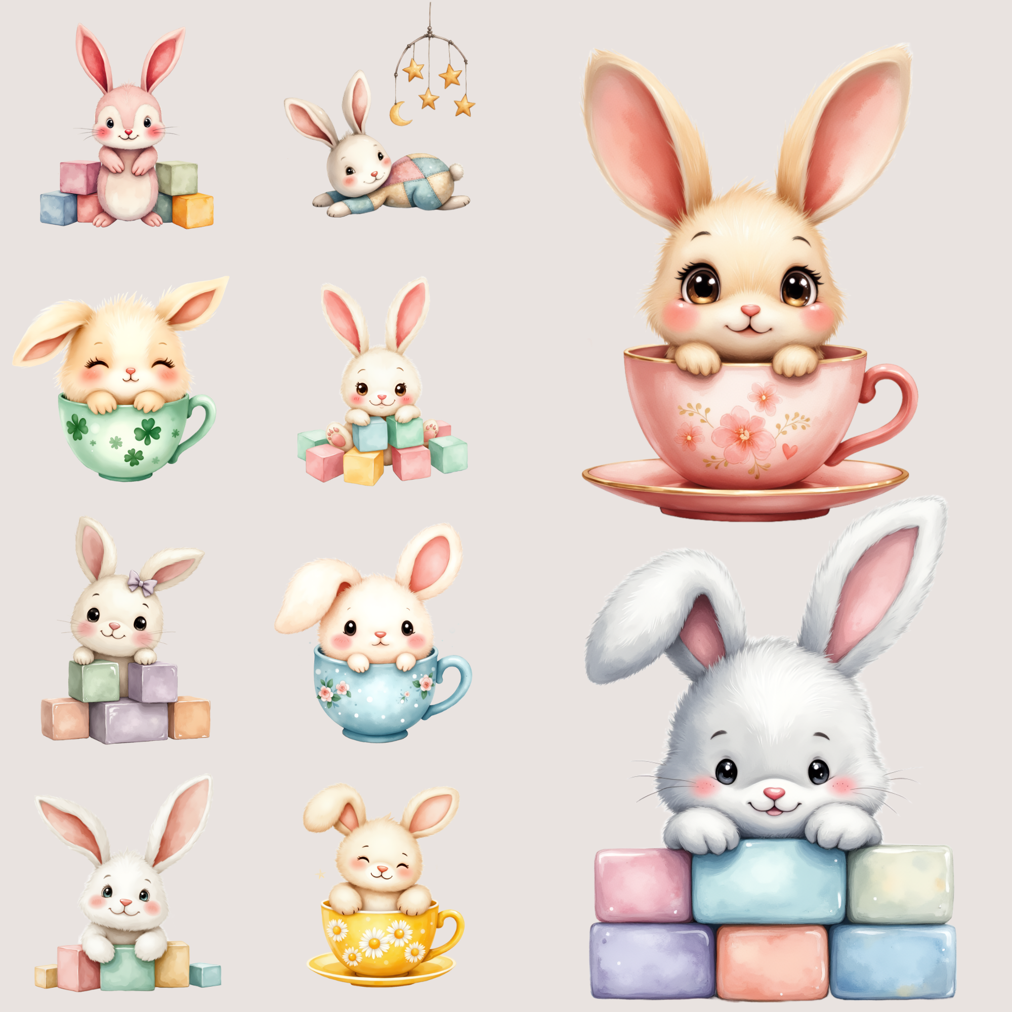 Whimsical Watercolor Bunnies Clipart Cute Rabbit  Bundle for Baby Shower  Nursery Decor, & Easter Crafts 