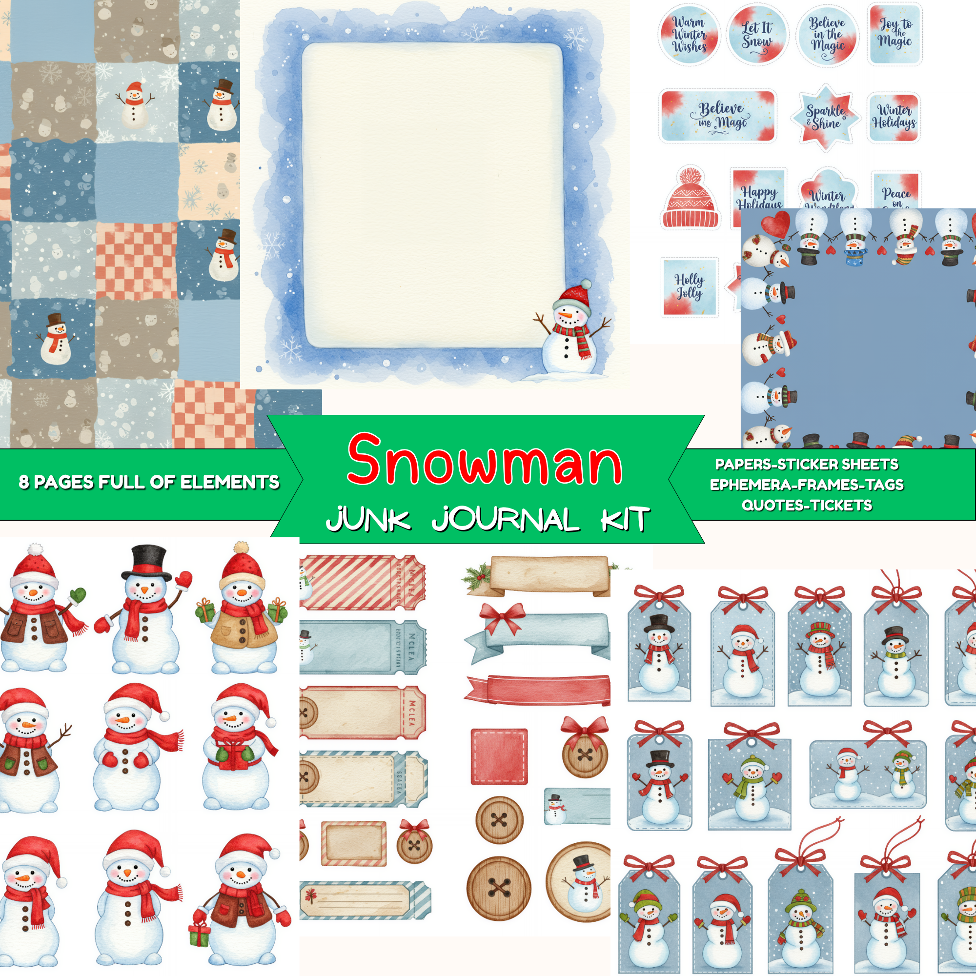 FREE Snowman Junk Journal Kit | Digital Ephemera & Stickers | Printable Scrapbook Elements | Free Junk Journal