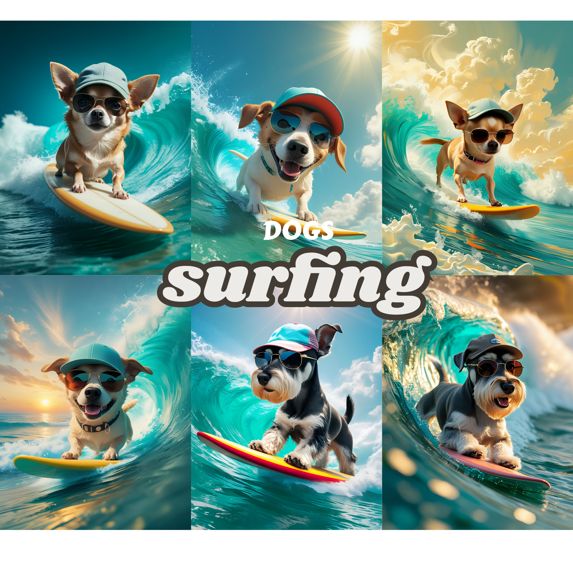 Surfing Dogs Digital Art Bundle | Hi-Res PNG Images | Instant Download for Wall Art