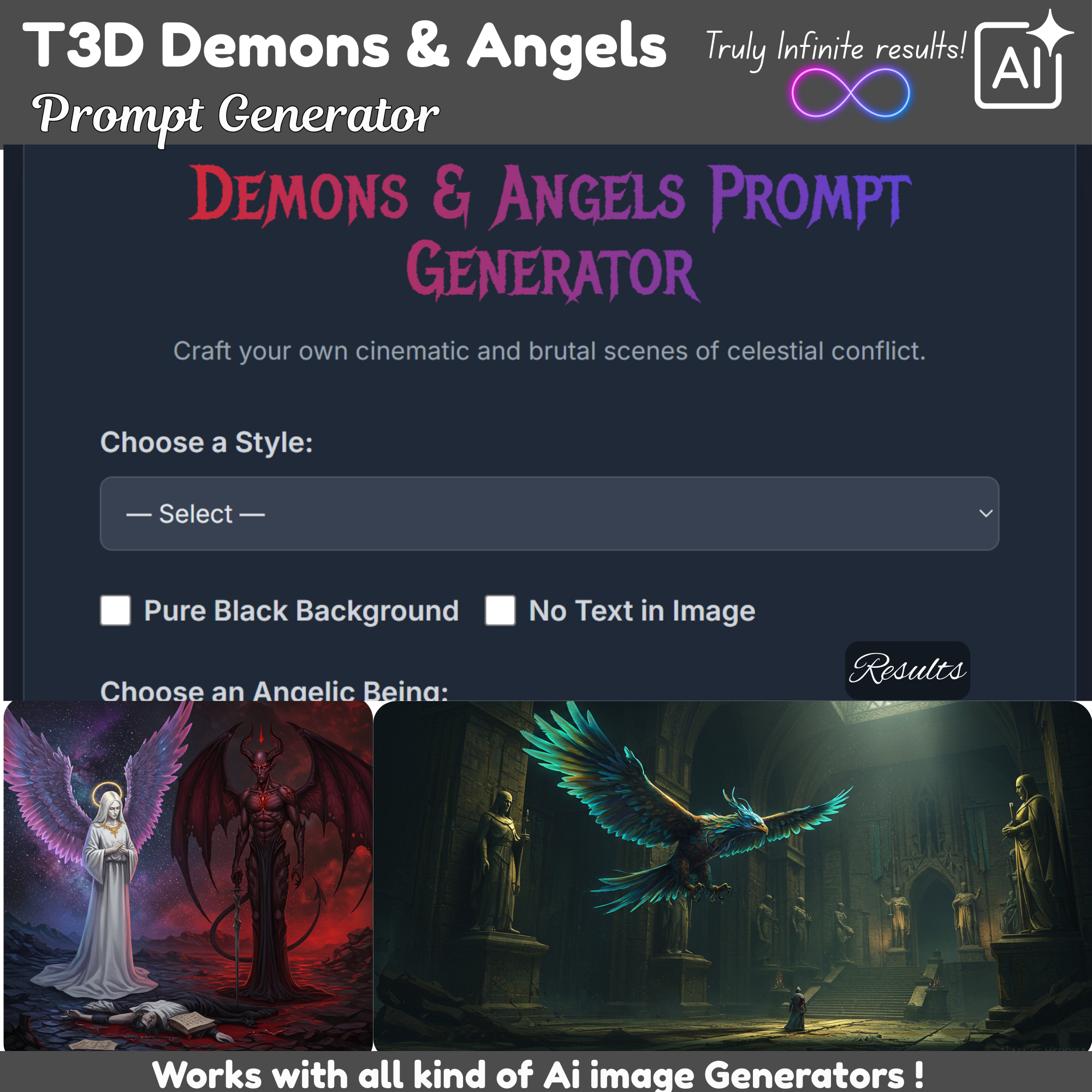T3D Demons Angels Prompts generator, clipart builder, prompt builder, google image generator, Demons images, Angels Generator Ai Prompt