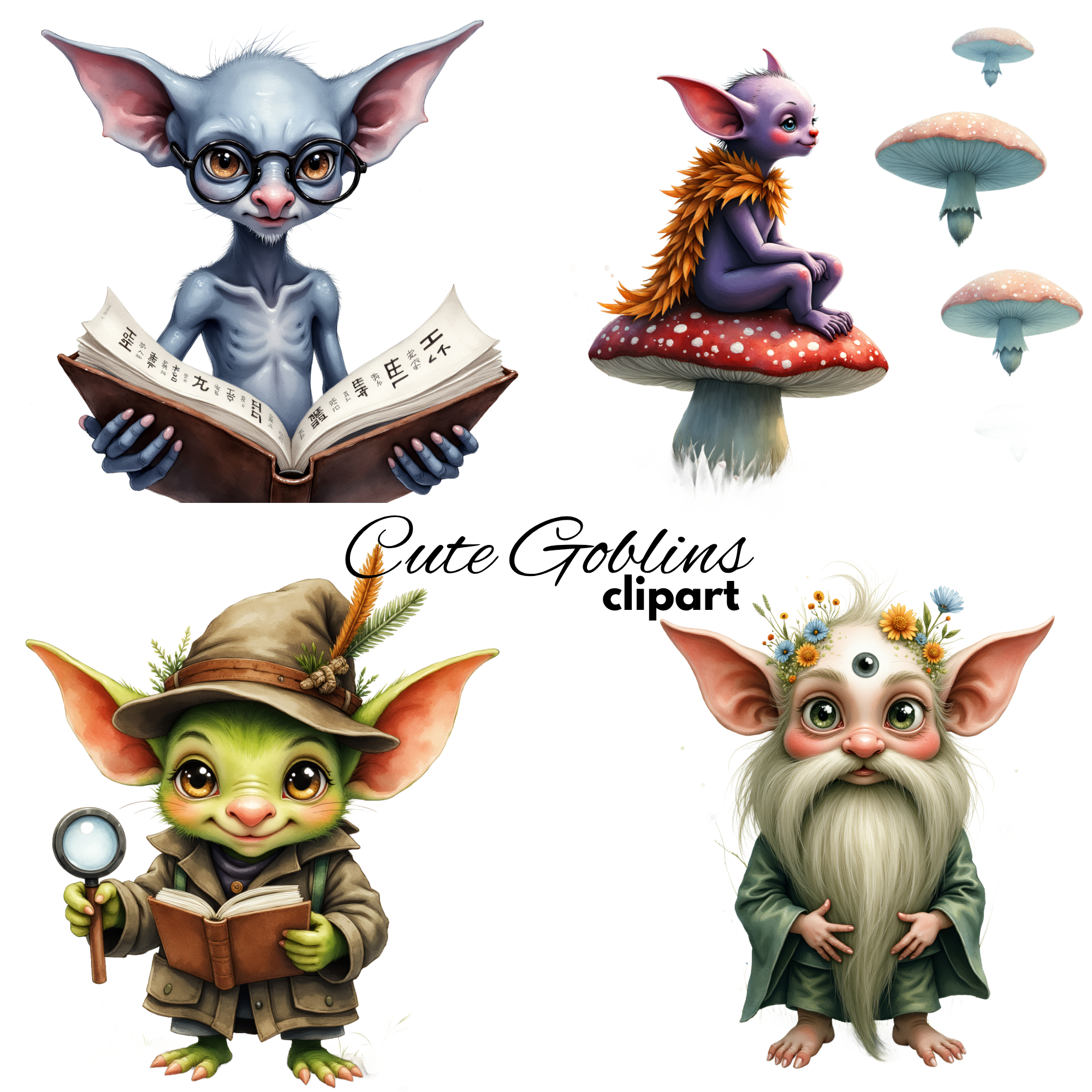 Enchanted Goblin Grove Clipart Fantasy Goblin Illustrations for Scrapbooking, Stickers, halloween cliparts