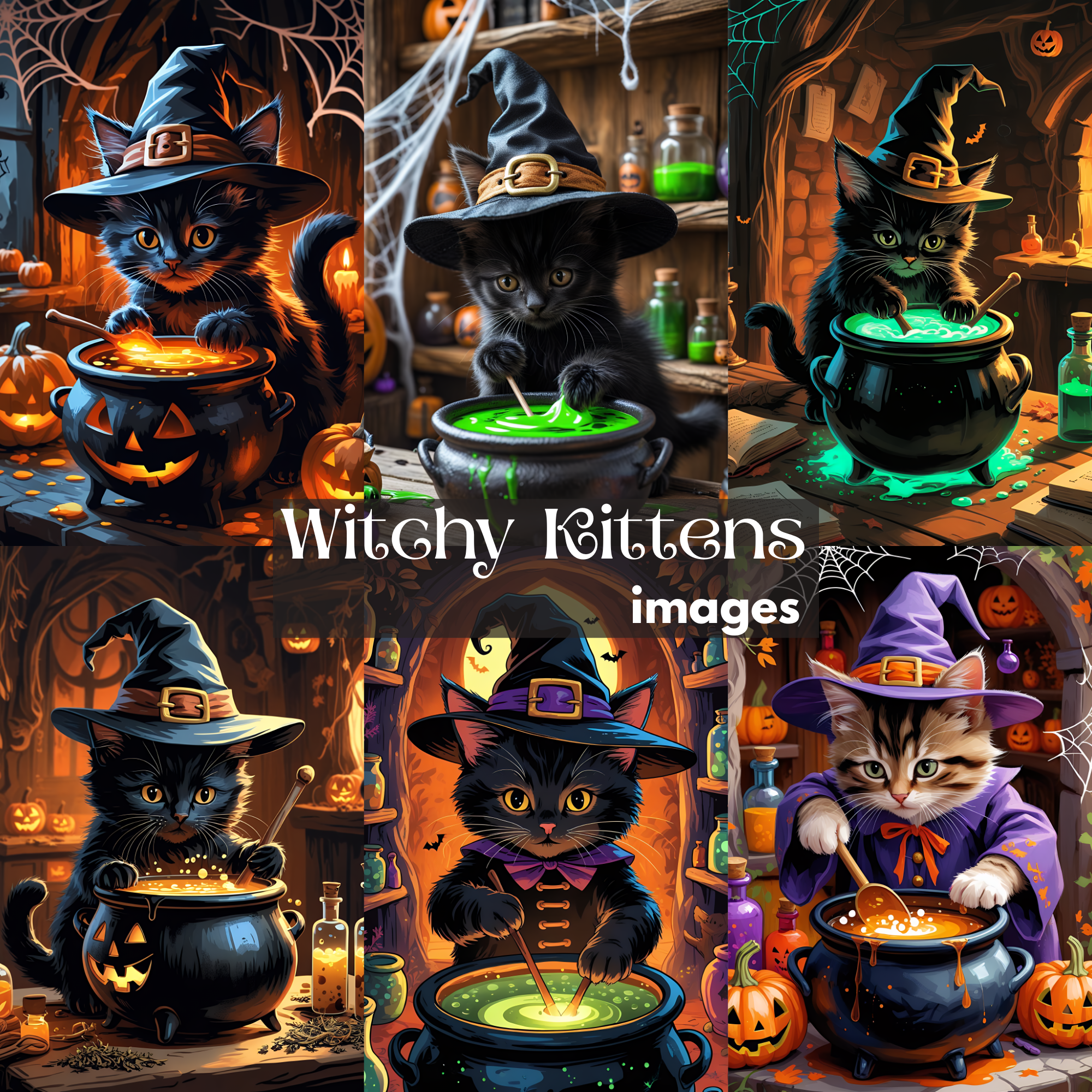 Witchy Cute Kitties: Enchanted Cat Art Bundle, halloween images, halloween cats images, black cats
