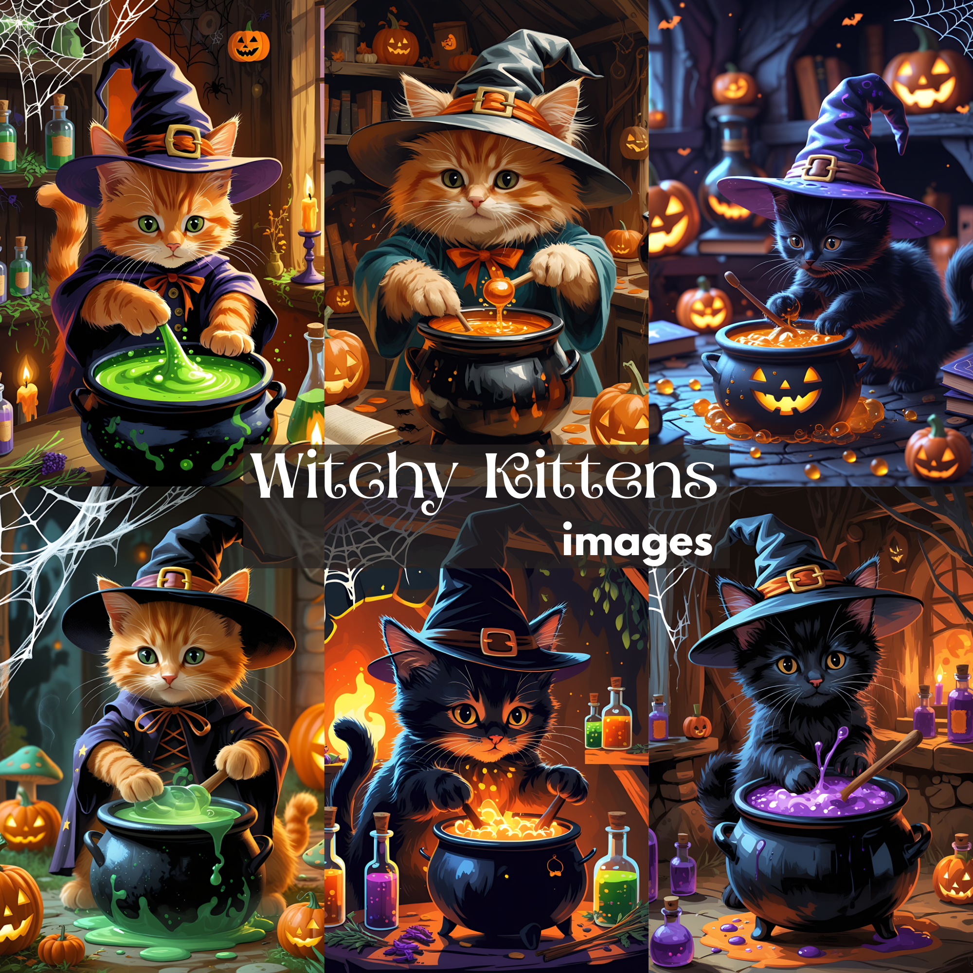Witchy Cute Kitties: Enchanted Cat Art Bundle, halloween images, halloween cats images, black cats