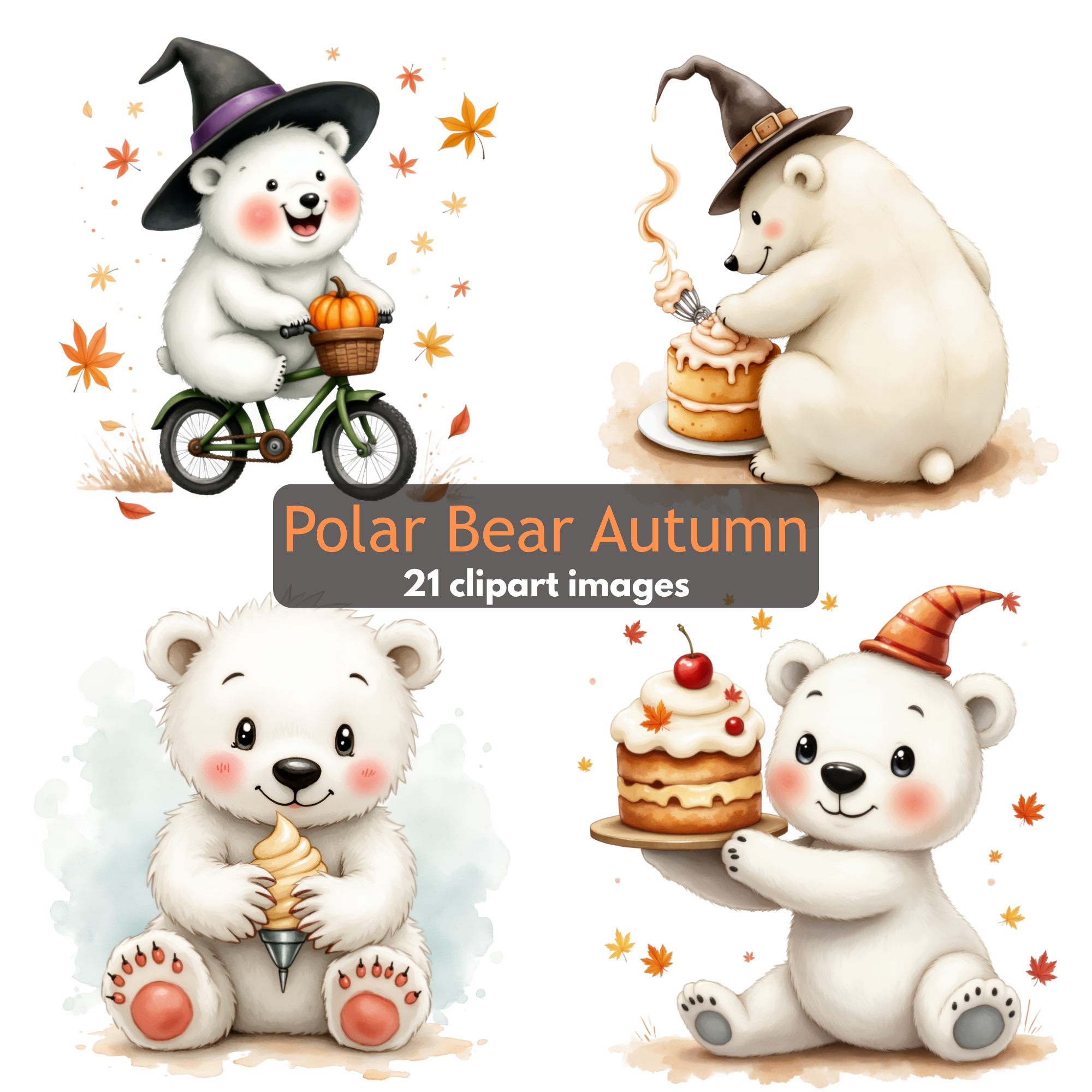 Cute Autumn Polar Bear Clipart Bundle | Kawaii Witch Bears PNG, Watercolor Polar Bear Halloween Clipart Set
