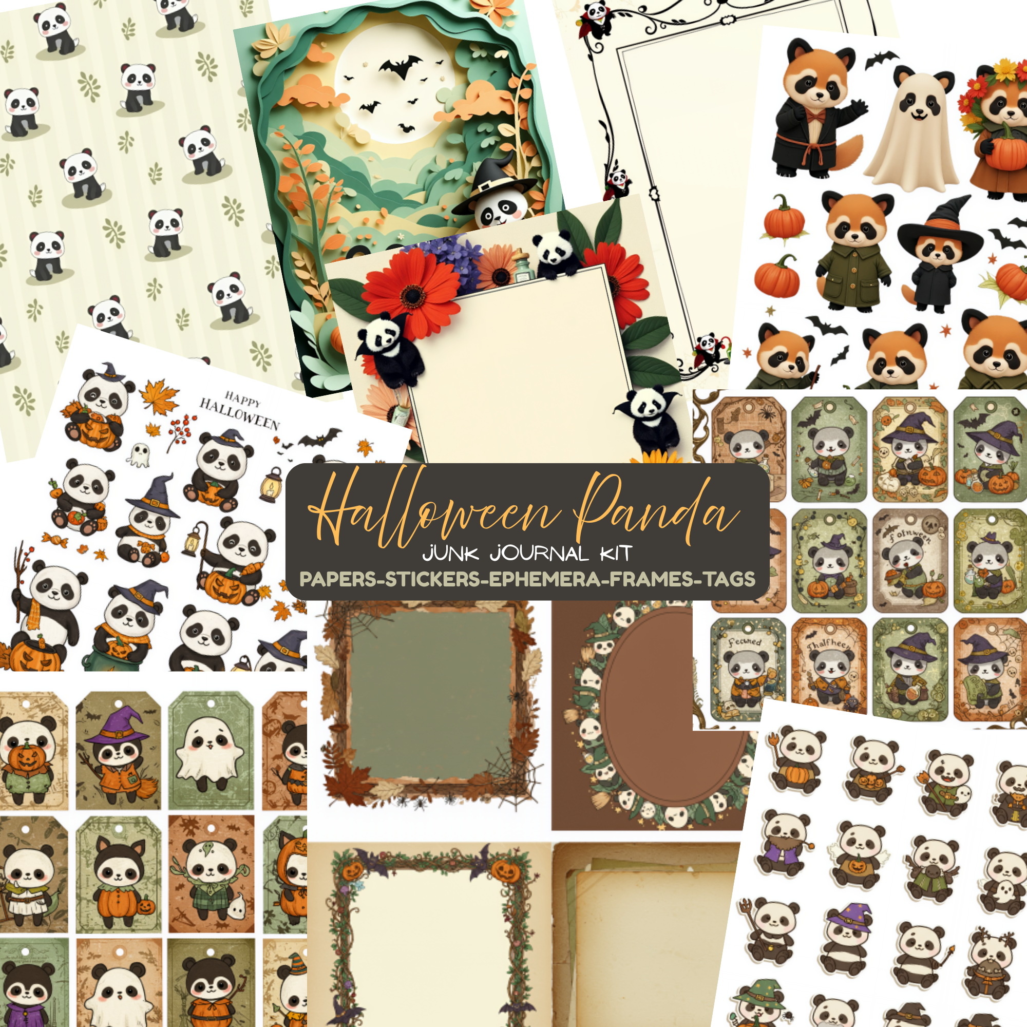 Halloween Panda Junk Journal Kit | Digital Ephemera & Stickers | Printable Scrapbook Elements | Free Junk Journal