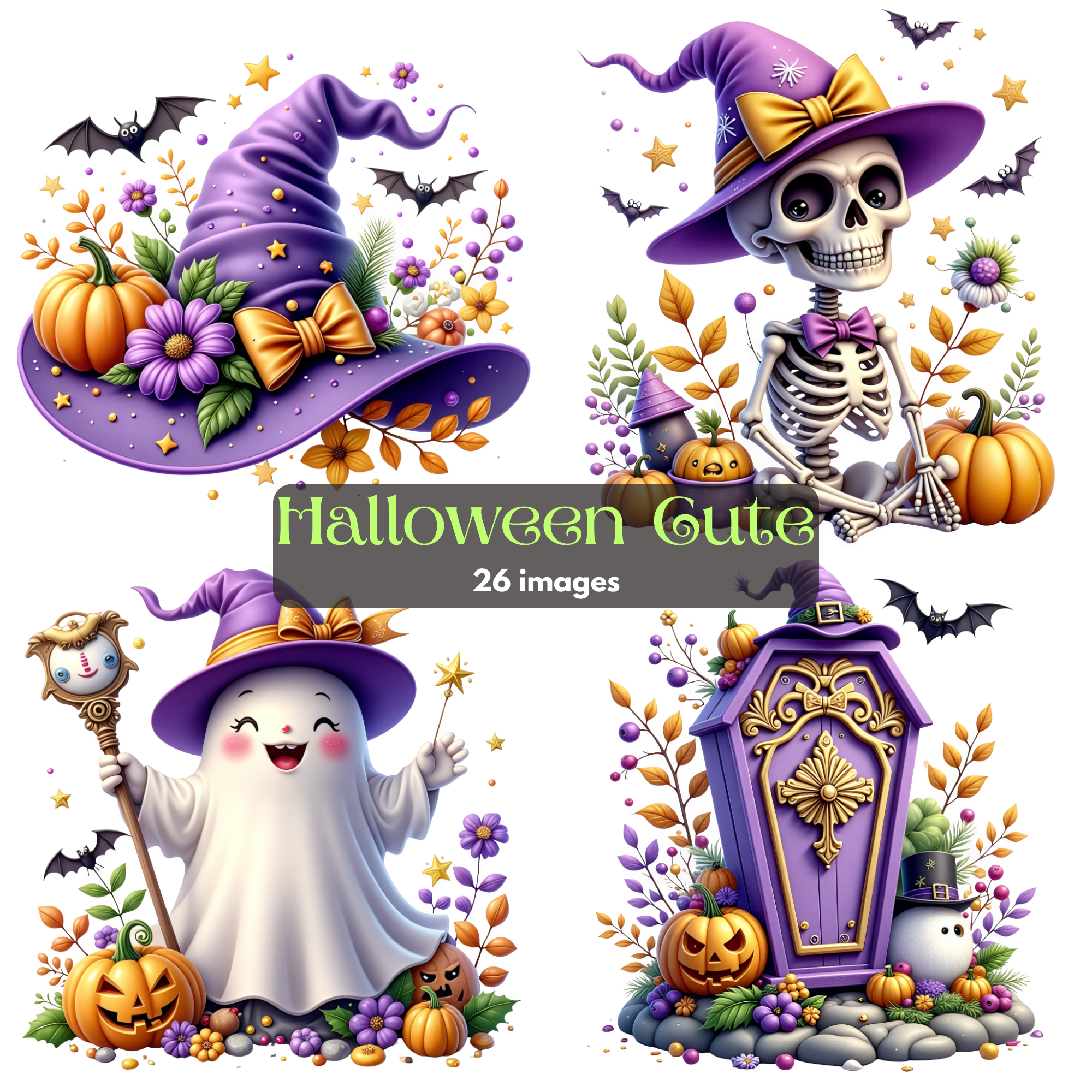Cute Halloween Clipart Bundle |Spooky Kawaii Witch & Ghost PNGs | Digital Download