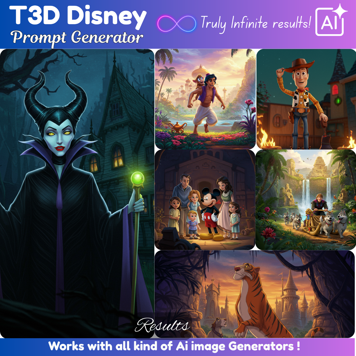 T3D Disney prompts generator, clipart builder, prompt builder, google image generator, Disney images, Disney Villains Generator Ai Prompt