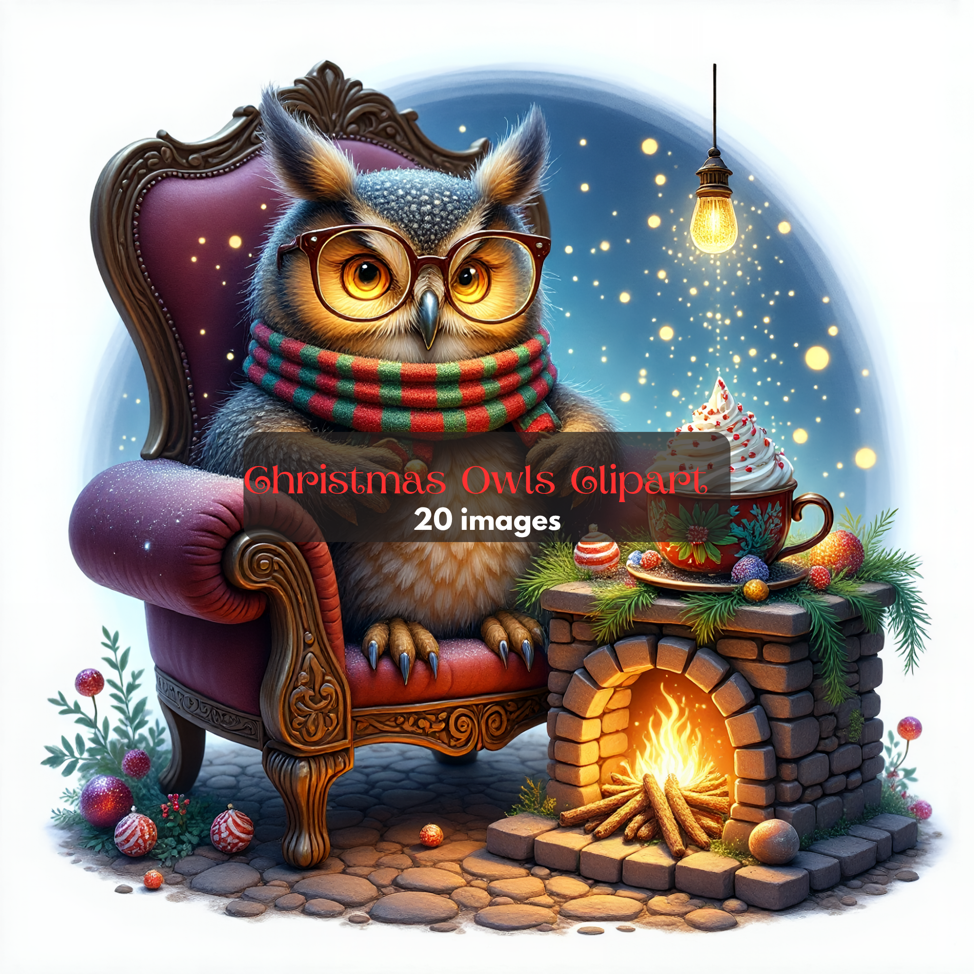 Enchanted Christmas Owl Digital Clipart, Christmas Clipart Animals, Hollidays Stickers