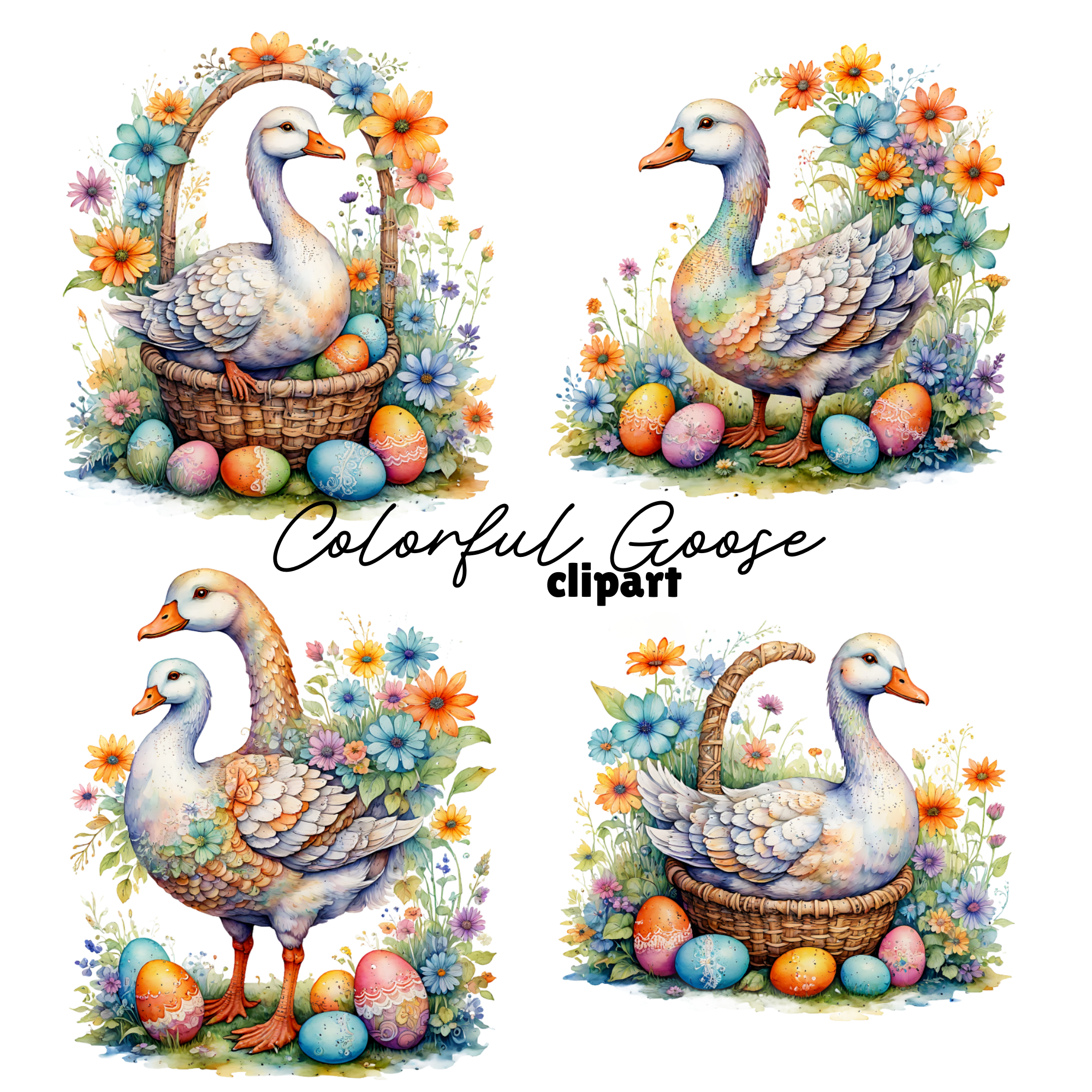 Watercolor Goose Floral Basket Digital Clipart Set, goose png transparent, goose clipart