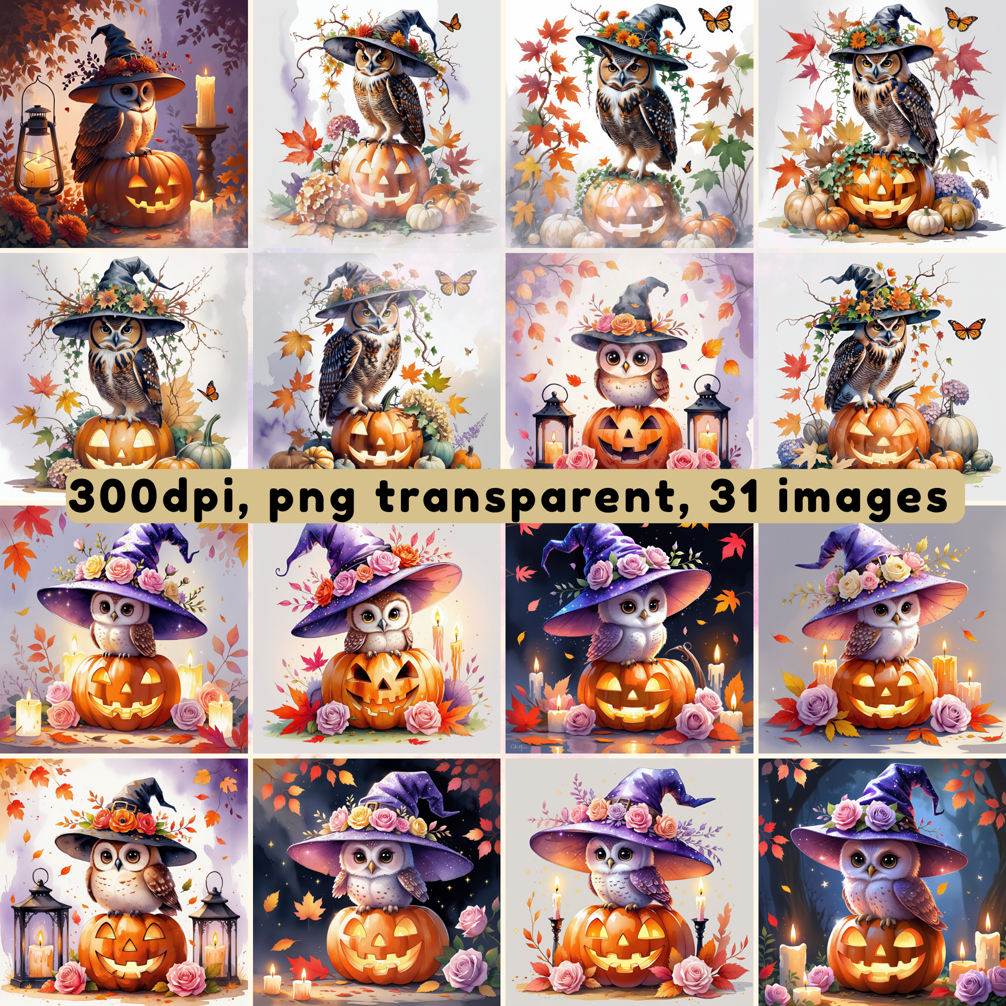 Witchy Owl Clipart Bundle, Halloween Owls on Pumpkins, High-Res PNG, Autumn Digital Art for Scrapbooking & Crafts