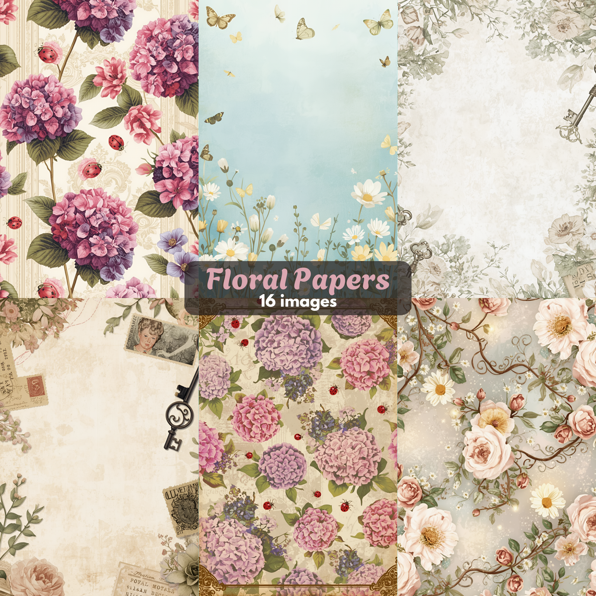 FREE Vintage Floral Digital Papers | Free Enchanted Garden Backgrounds PNG Journal Pages Flowers