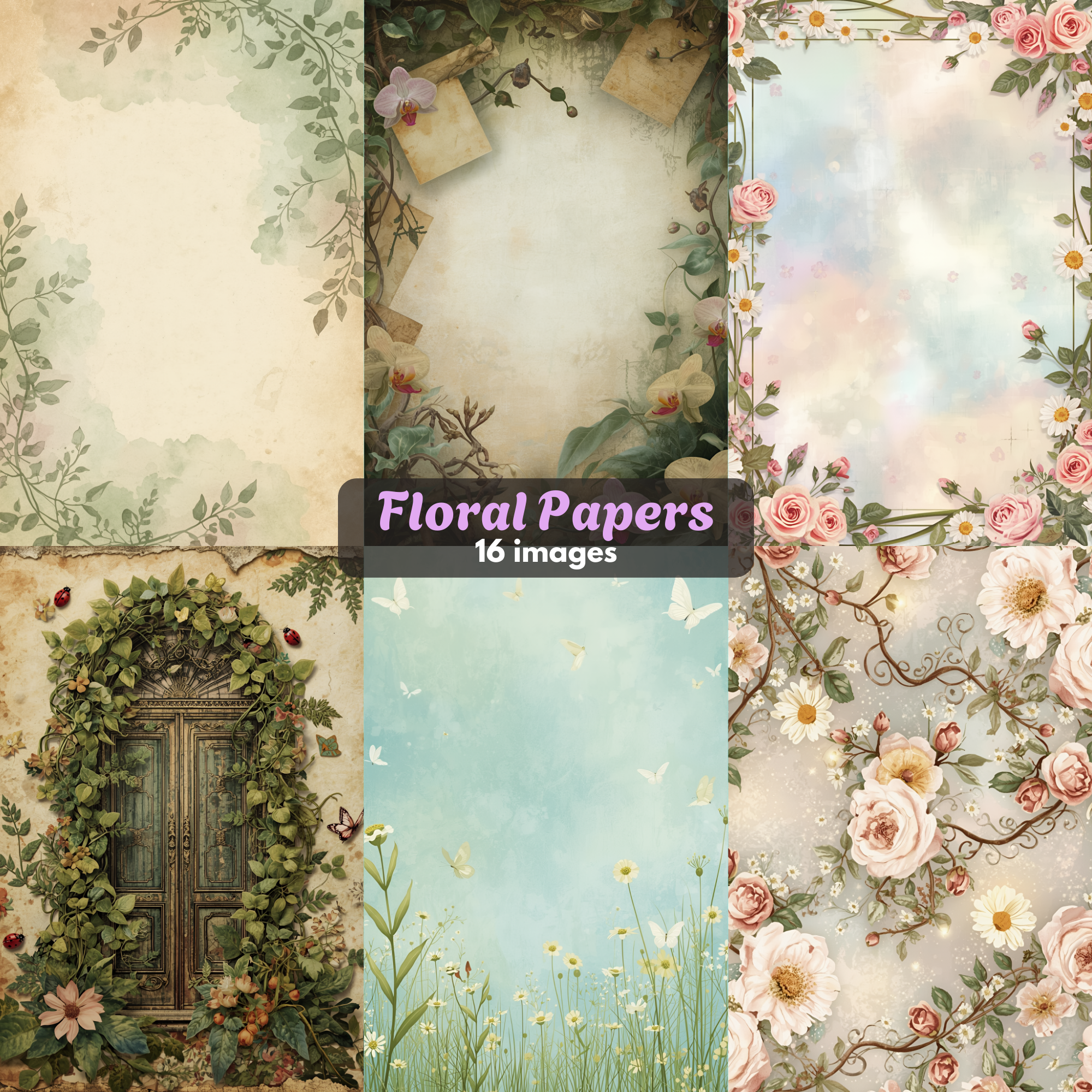 FREE Vintage Floral Digital Papers | Free Enchanted Garden Backgrounds PNG Journal Pages Flowers