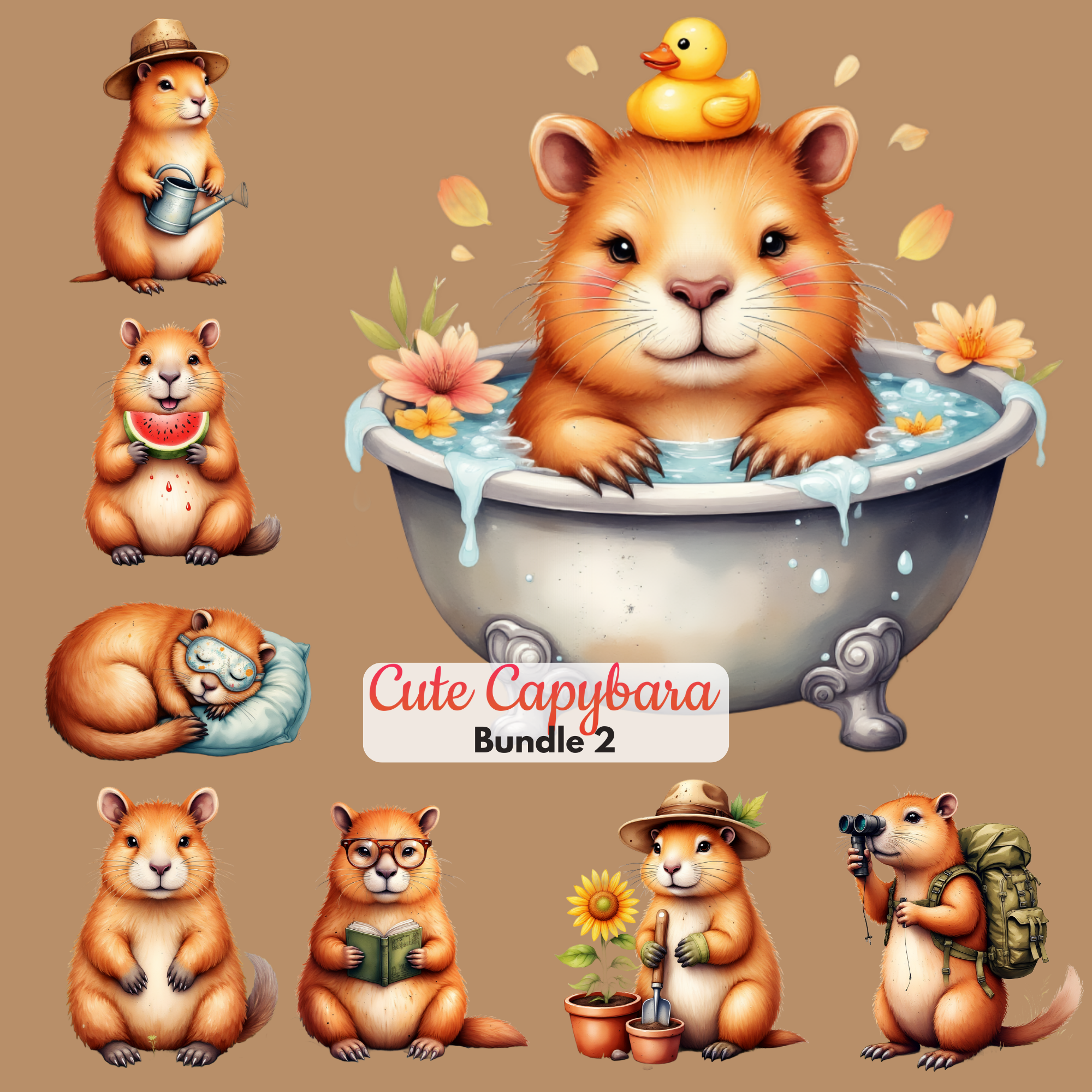 Cute Capybara Clipart Bundle 2 Adorable PNGs Graphics Pack Instant Download Animal Clipart for Crafts | Commercial Use