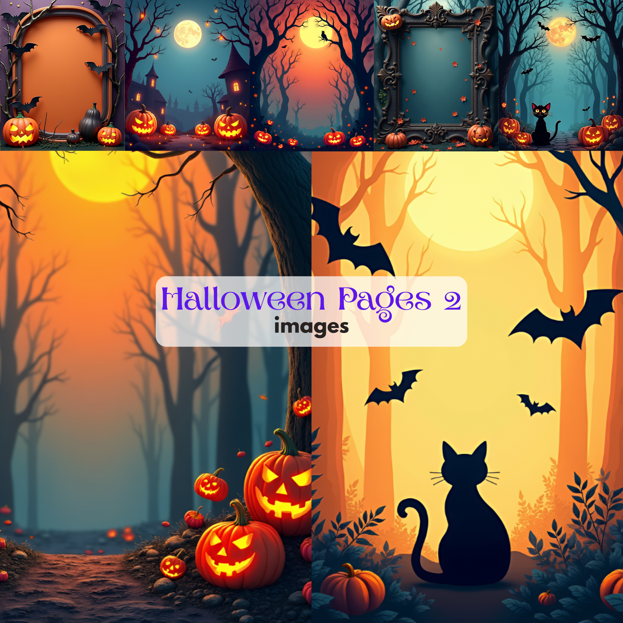 Spooky Halloween Forest Images Pages Jack-o'-Lantern Black Cat Digital Backgrounds Witch Invitations