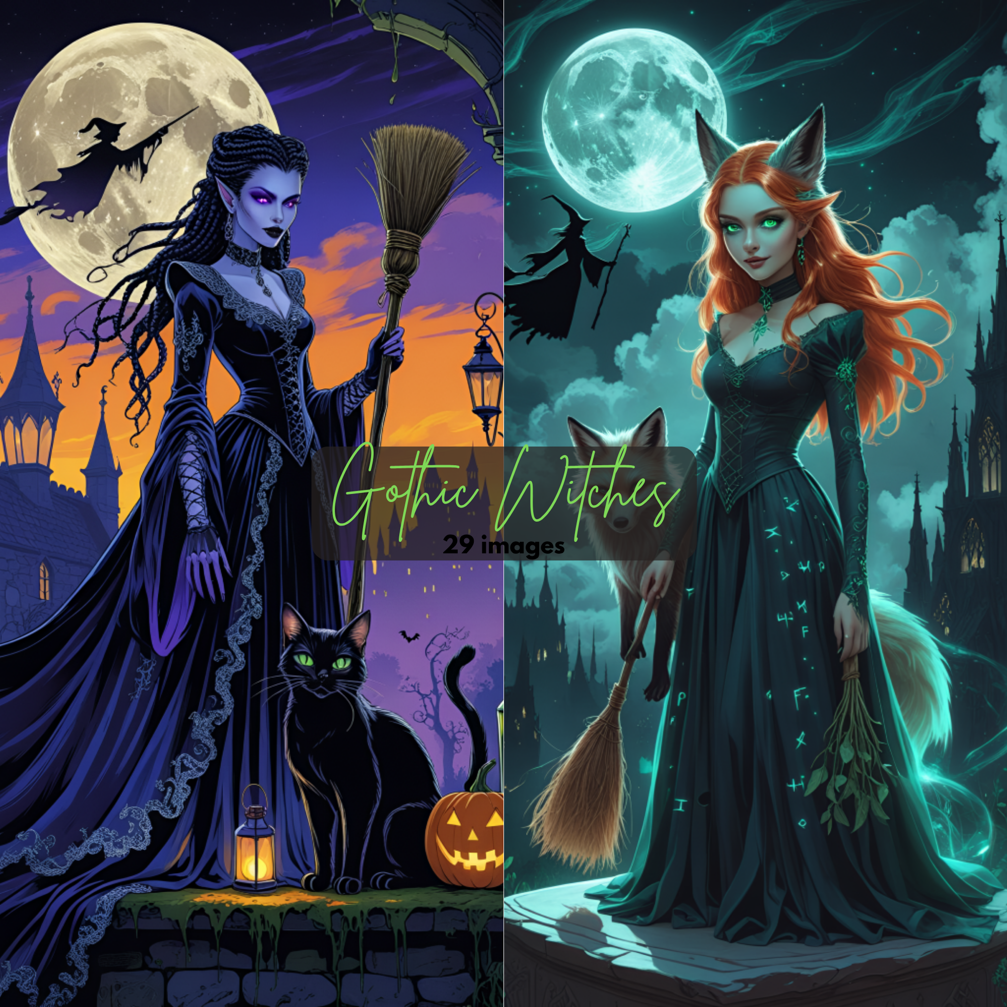 Gothic Witch Clipart Bundle - Dark Fantasy PNG Images, Halloween Digital Art, Full Moon & Black Cat Halloween Images