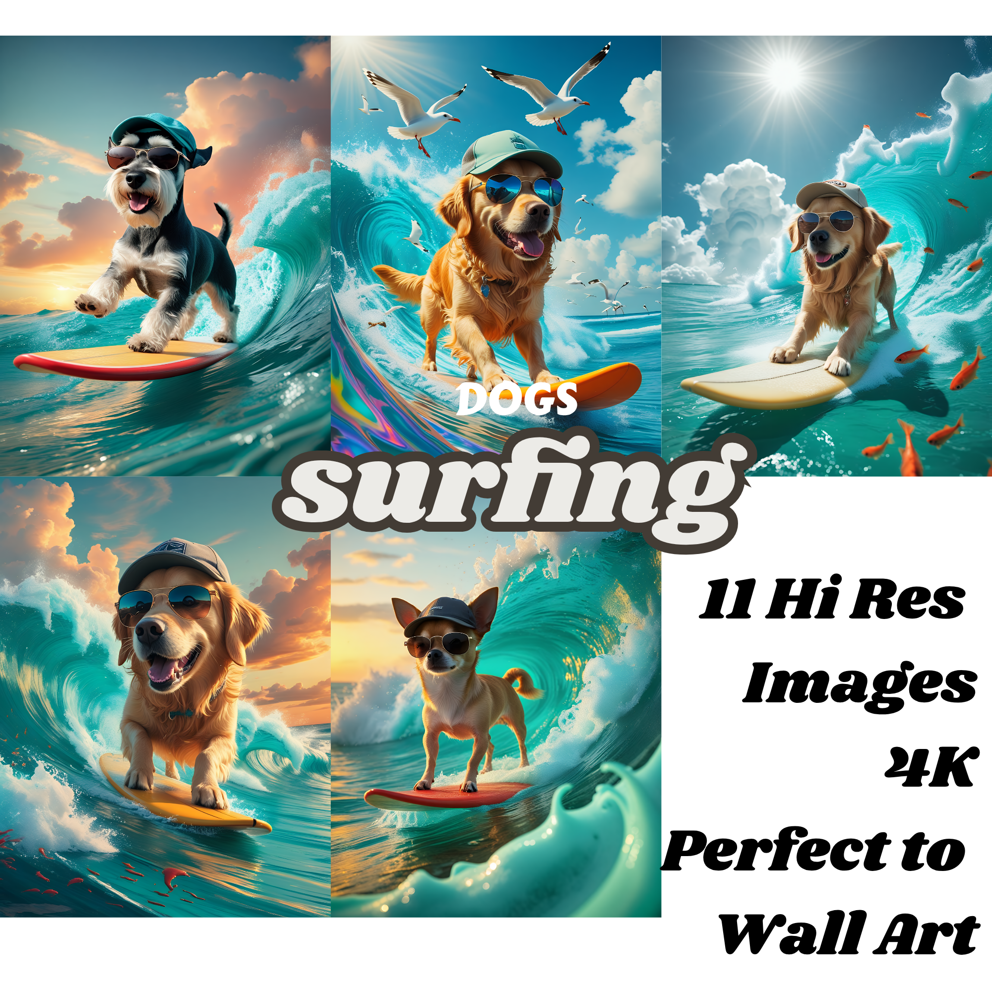 Surfing Dogs Digital Art Bundle | Hi-Res PNG Images | Instant Download for Wall Art