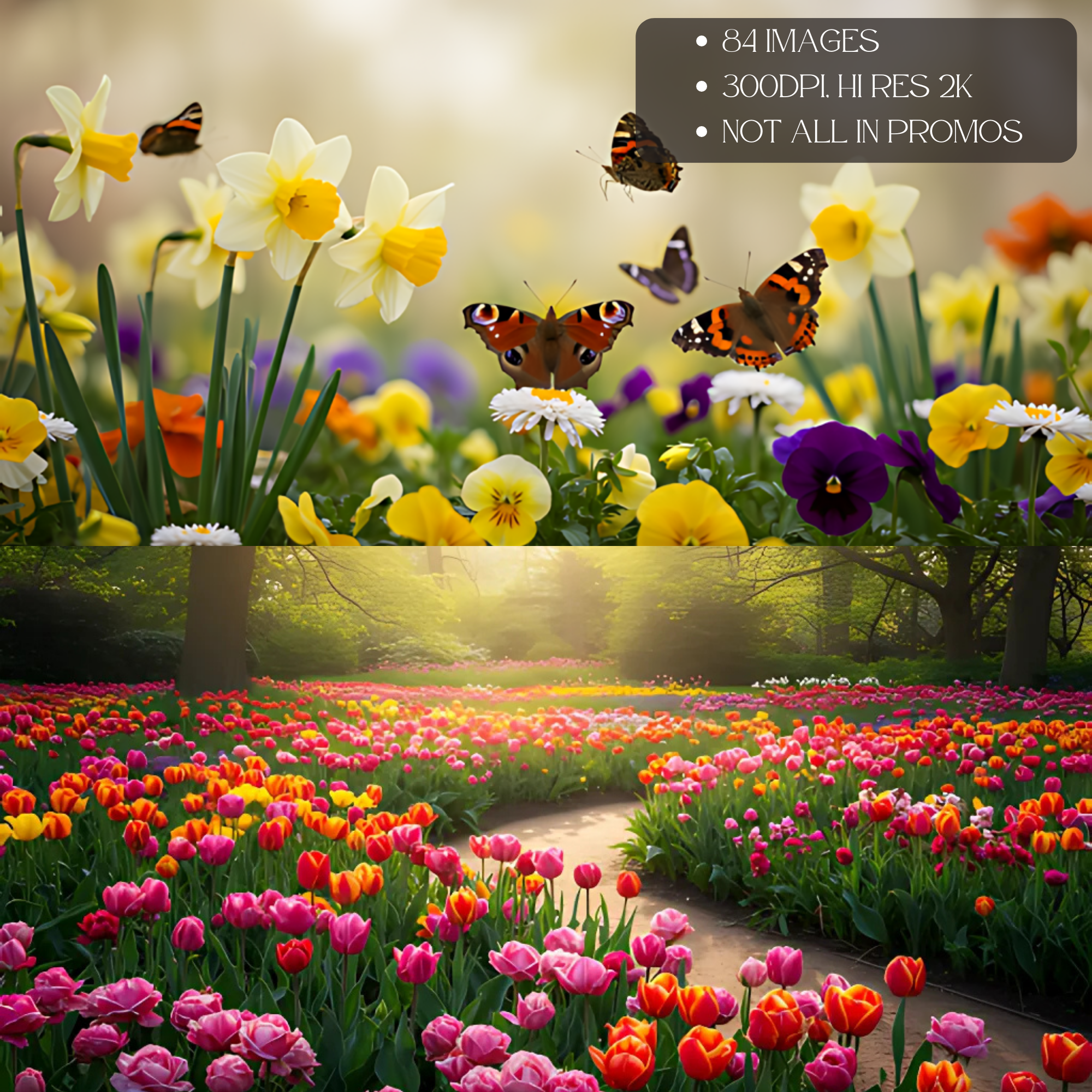 Floral Gardens Spring Garden Bundle, Daffodils Tulips Butterflies Digital Art