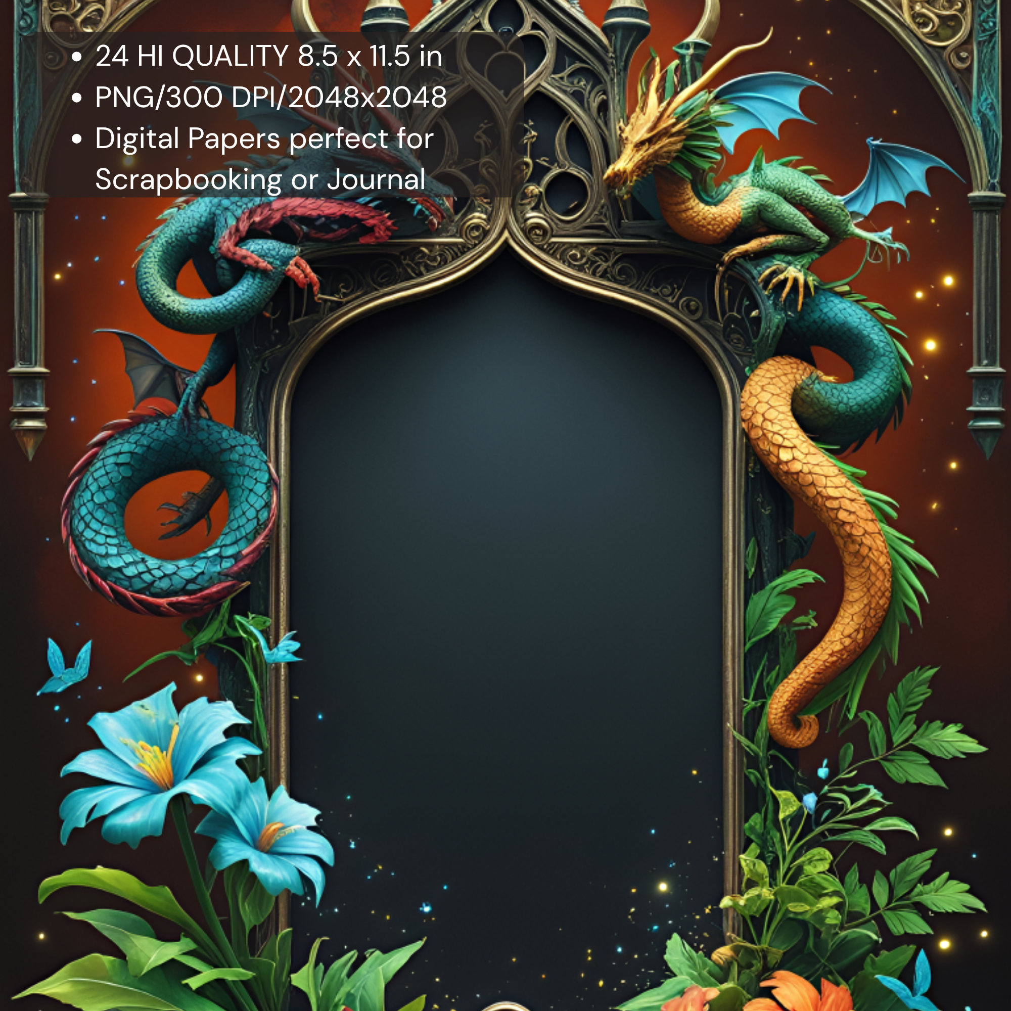 Gothic Scrolls Digital Papers, Dragon Digital Paper Fantasy Arch Frames Mystical Floral Ornate Medieval| Emerald Snake & Dragon Frames | Gothic Scrapbook