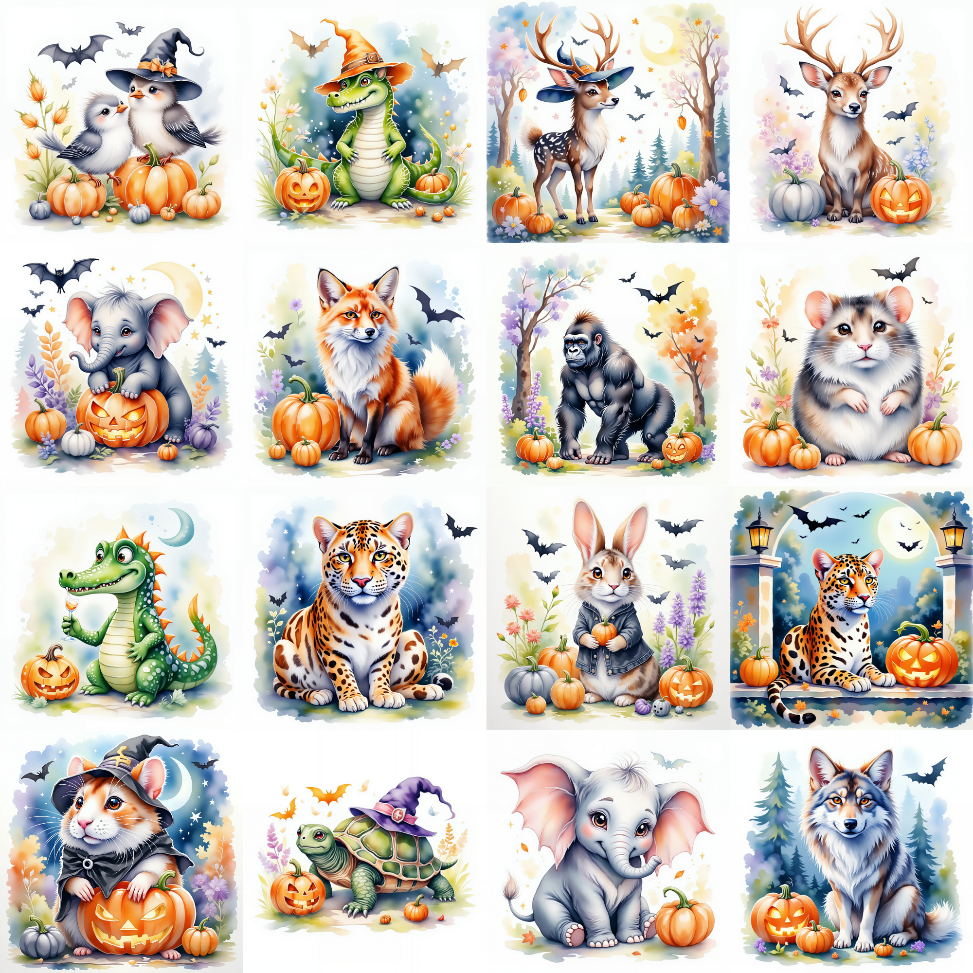 Halloween Animals Clipart Bundle Cute Witch Hat & Pumpkin PNGs Digital Download