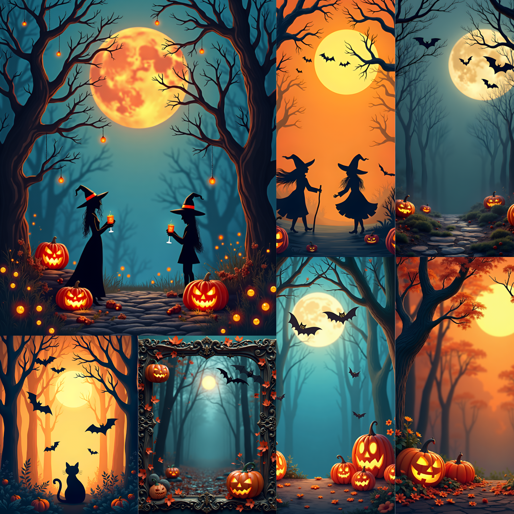 Spooky Halloween Forest Images Pages Jack-o'-Lantern  Black Cat Digital Backgrounds Witch Invitations