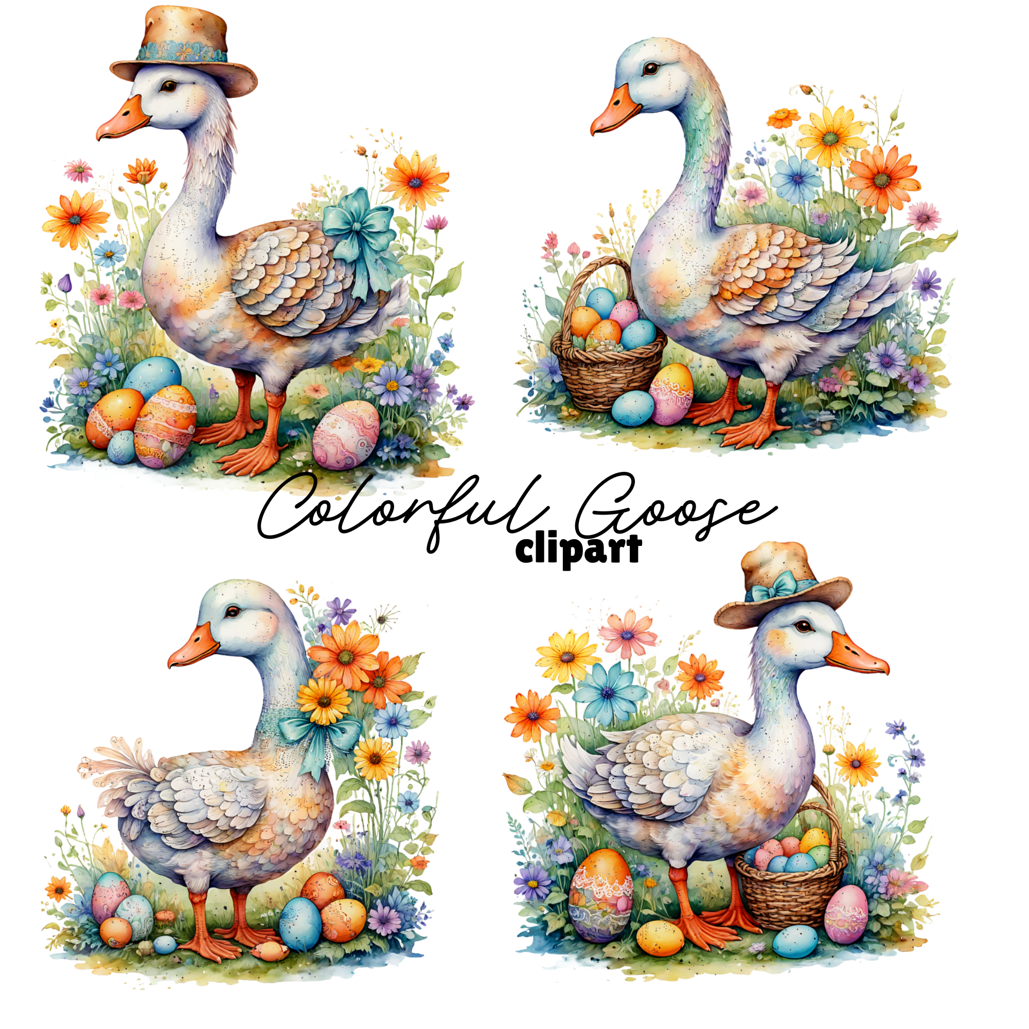 Watercolor Goose Floral Basket Digital Clipart Set, goose png transparent, goose clipart