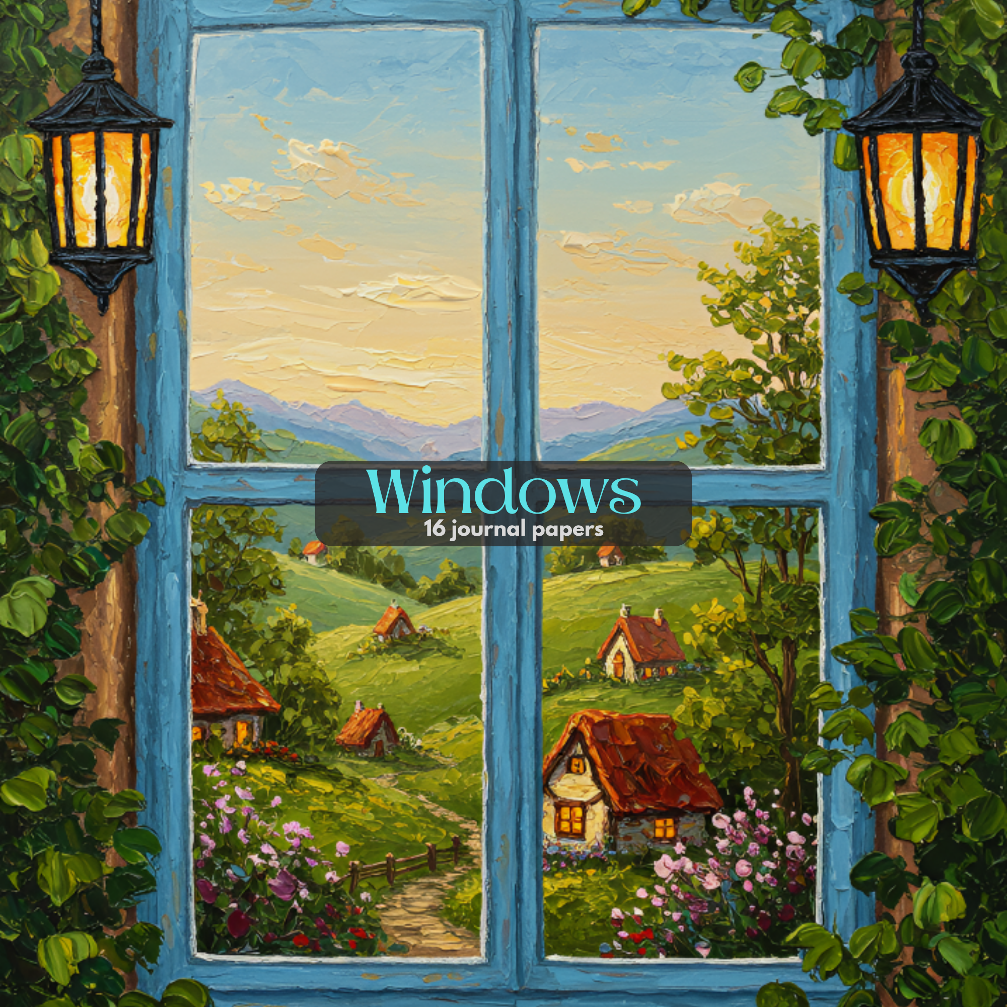 Impasto Window View Journal Papers | Cottage Core Scenic Oil Painting Digital Scrapbooking Kit | Rustic Window Digital Papers
