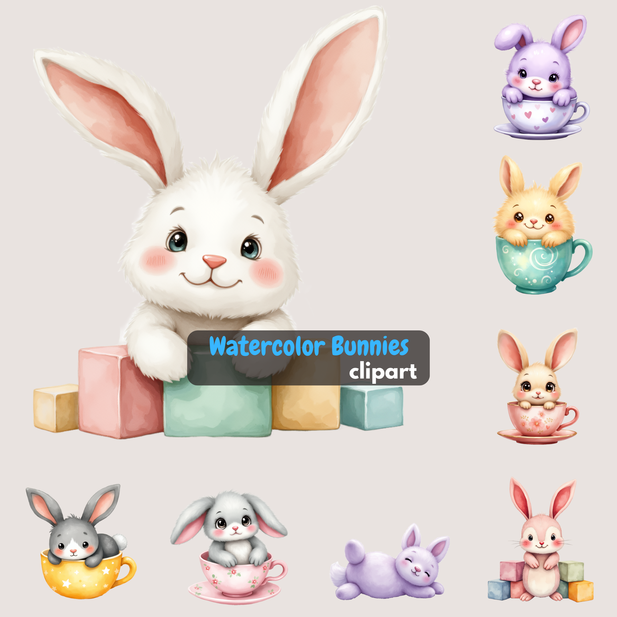 Whimsical Watercolor Bunnies Clipart Cute Rabbit Bundle for Baby Shower Nursery Decor, & Easter Crafts