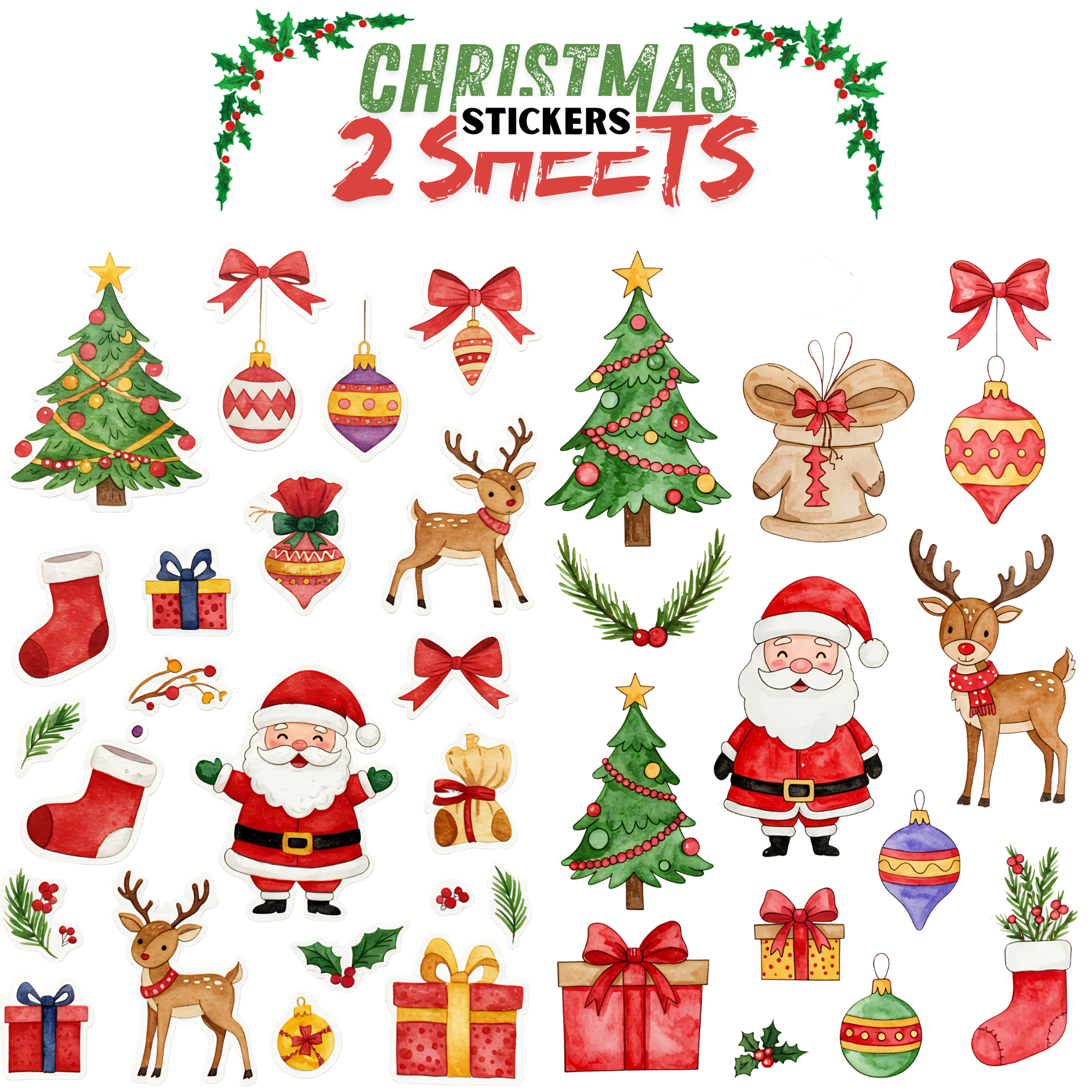 FREE Watercolor Christmas Stickers Pack - Digital Holiday PNG Bundle