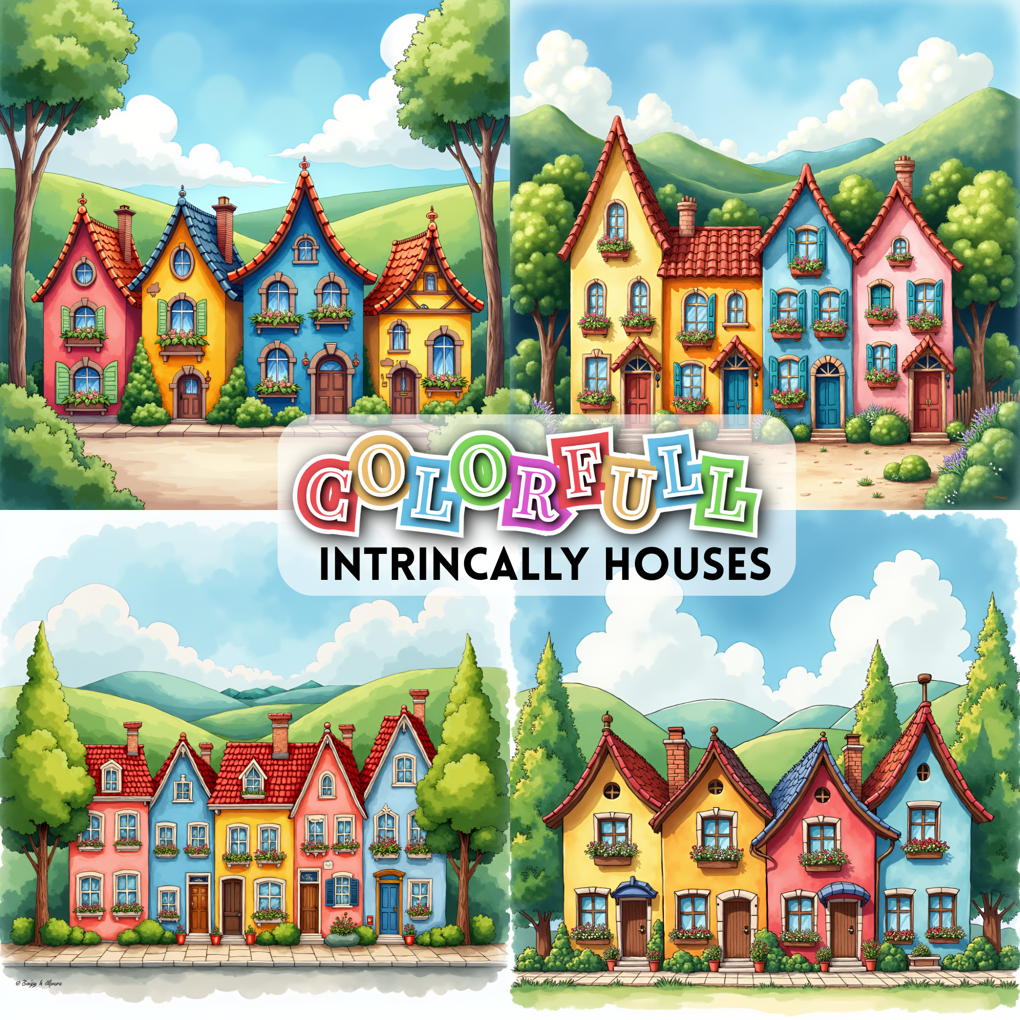 Colorful Fantasy Houses Digital Art Pack, whimsical houses clipart, cute house clipart, colorful houses images