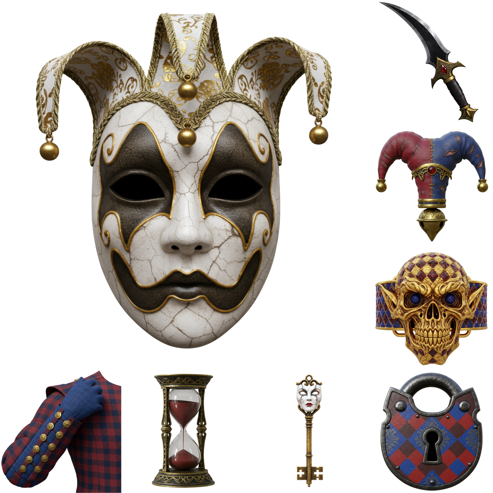 Harlequin Clipart Bundle PNG | Dark Jester Gothic Fantasy Graphics Clipart Set |Jester, Mask & Ruby Jewel