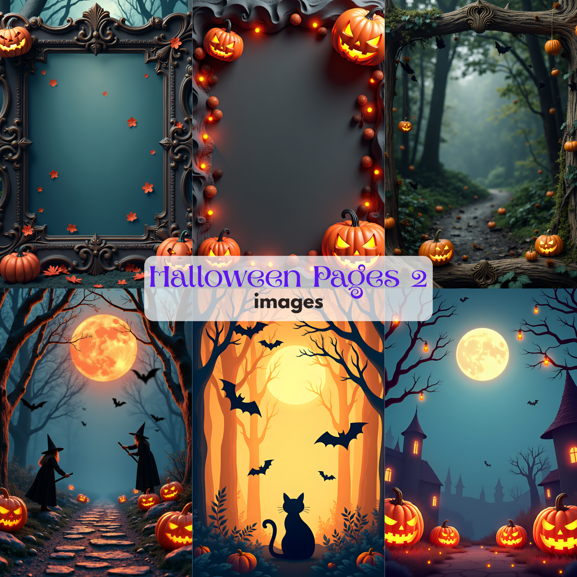 Spooky Halloween Forest Images Pages Jack-o'-Lantern  Black Cat Digital Backgrounds Witch Invitations