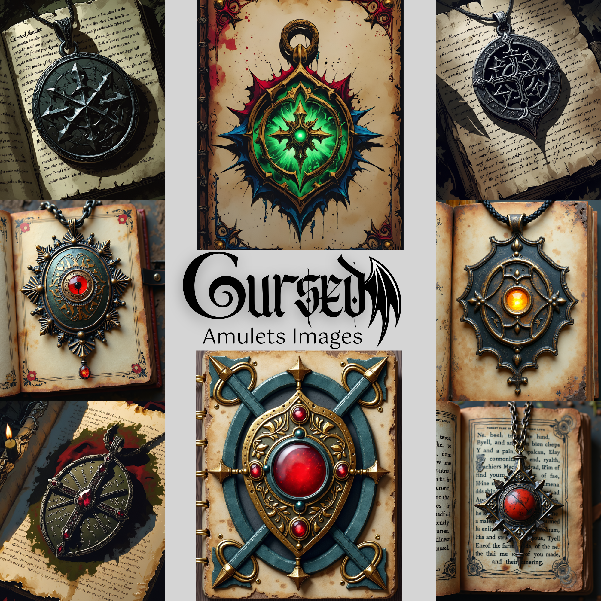 Cursed Relics & Ancient, Gothic Fantasy Amulet, Junk Journal images, journalpages, gothic images, amulets