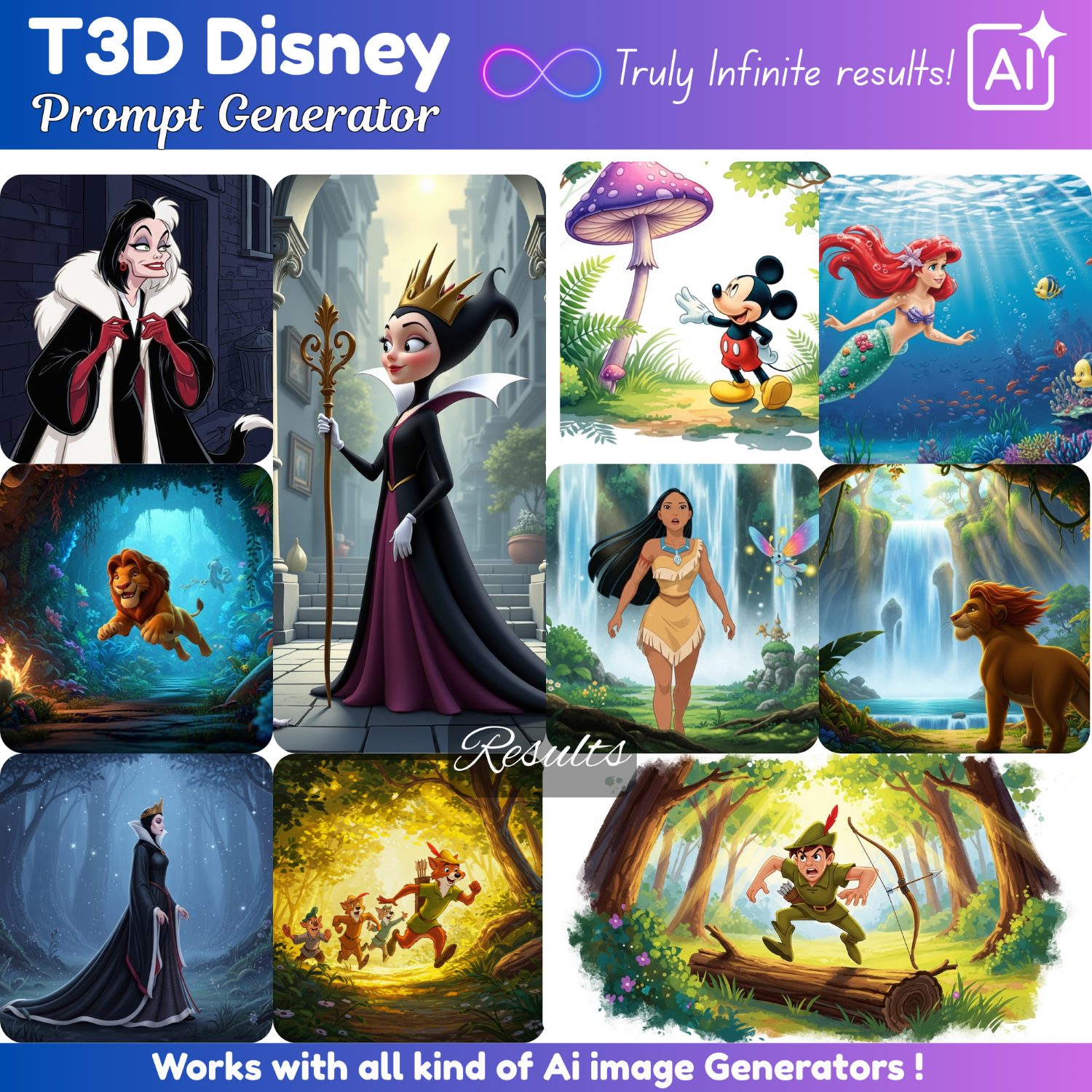 T3D Disney prompts generator, clipart builder, prompt builder, google image generator, Disney images, Disney Villains Generator Ai Prompt