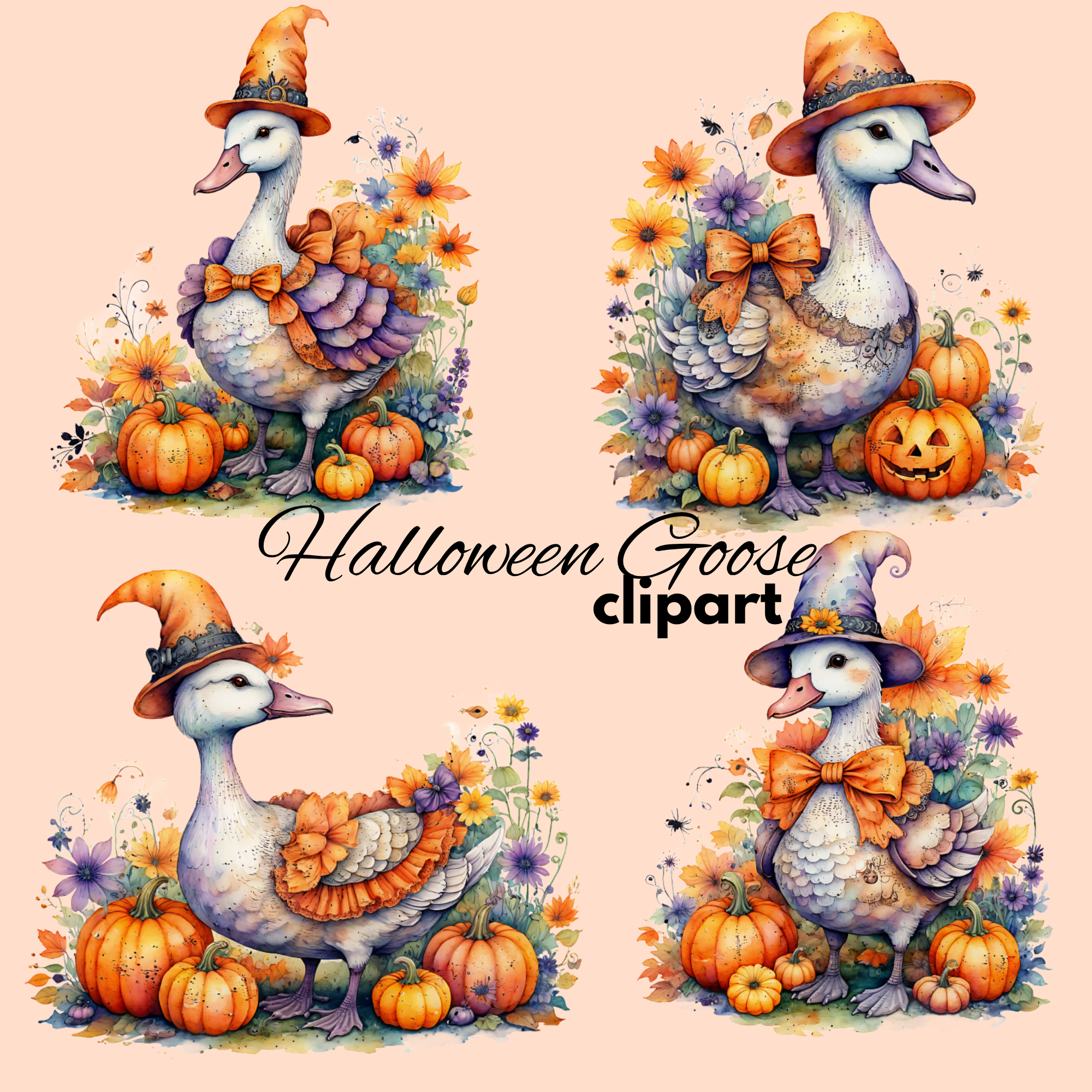Whimsical Halloween Goose | Watercolor Clipart, Cute Goose PNG, Autumn Illustrations, Pumpkin Goose, Halloween images