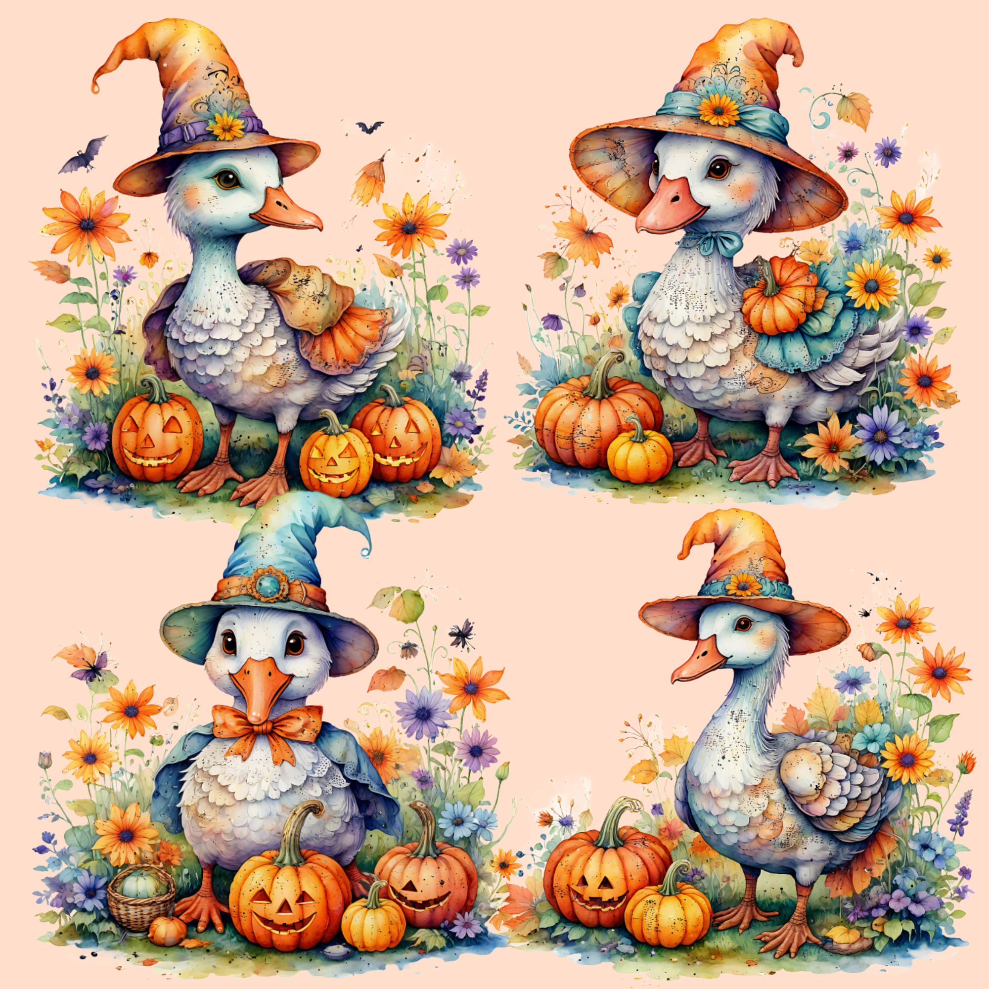 Whimsical Halloween Goose | Watercolor Clipart, Cute Goose PNG, Autumn Illustrations, Pumpkin Goose, Halloween images