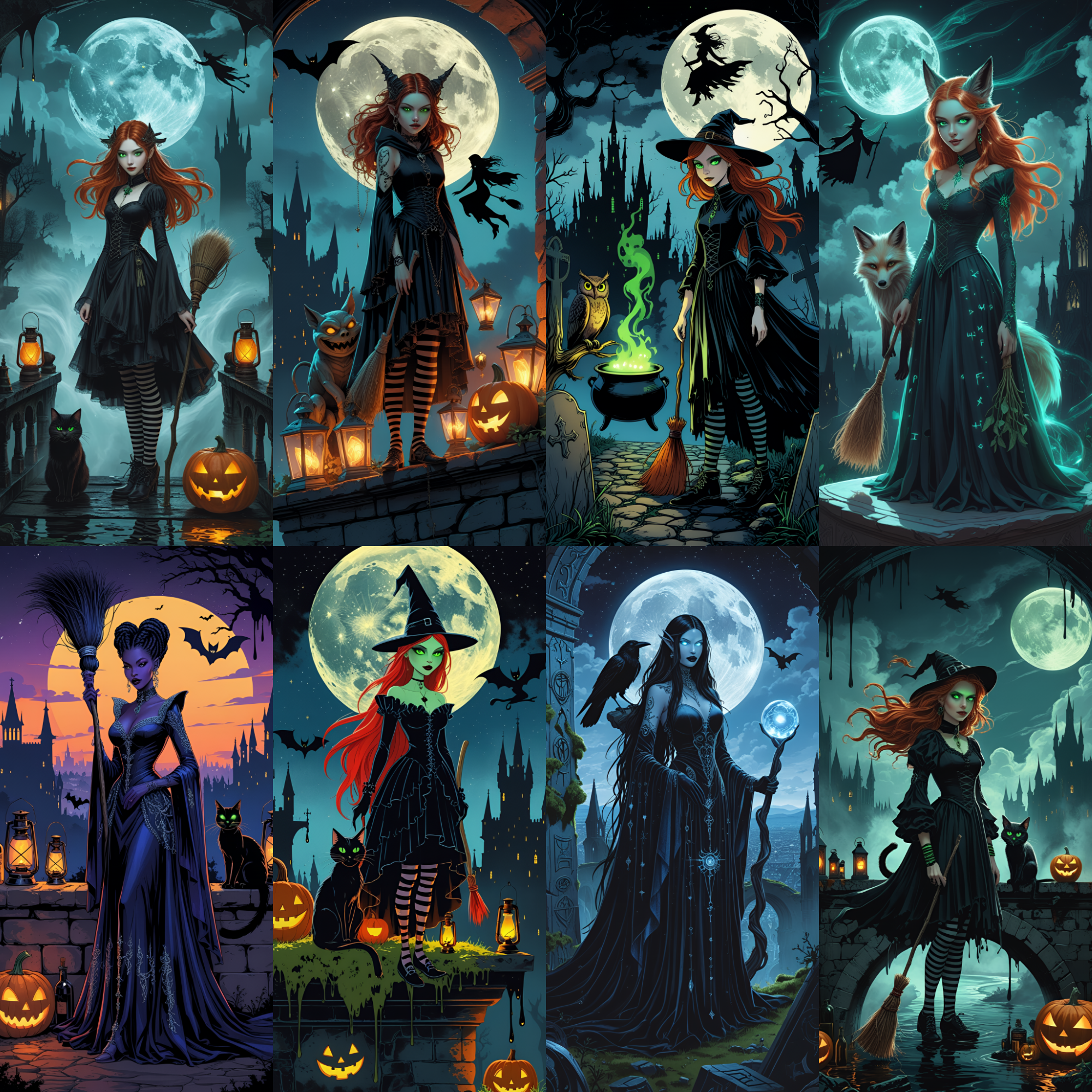 Gothic Witch Clipart Bundle - Dark Fantasy PNG Images, Halloween Digital Art, Full Moon & Black Cat Halloween Images