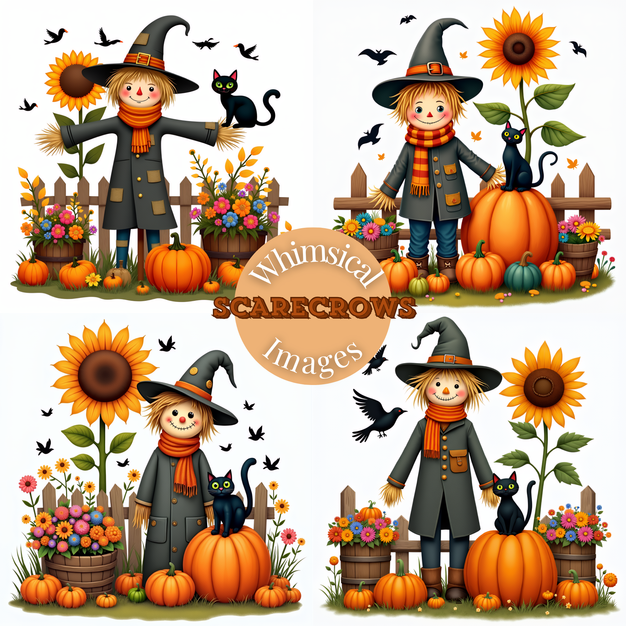Enchanting Whimsical Scarecrow, Black Cat Digital Art Bundle, halloween scarecrows, halloween clipart