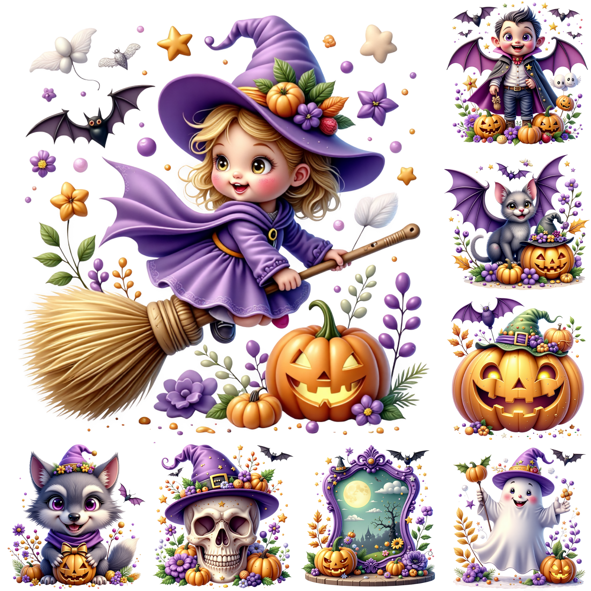 Cute Halloween Clipart Bundle |Spooky Kawaii Witch & Ghost PNGs | Digital Download