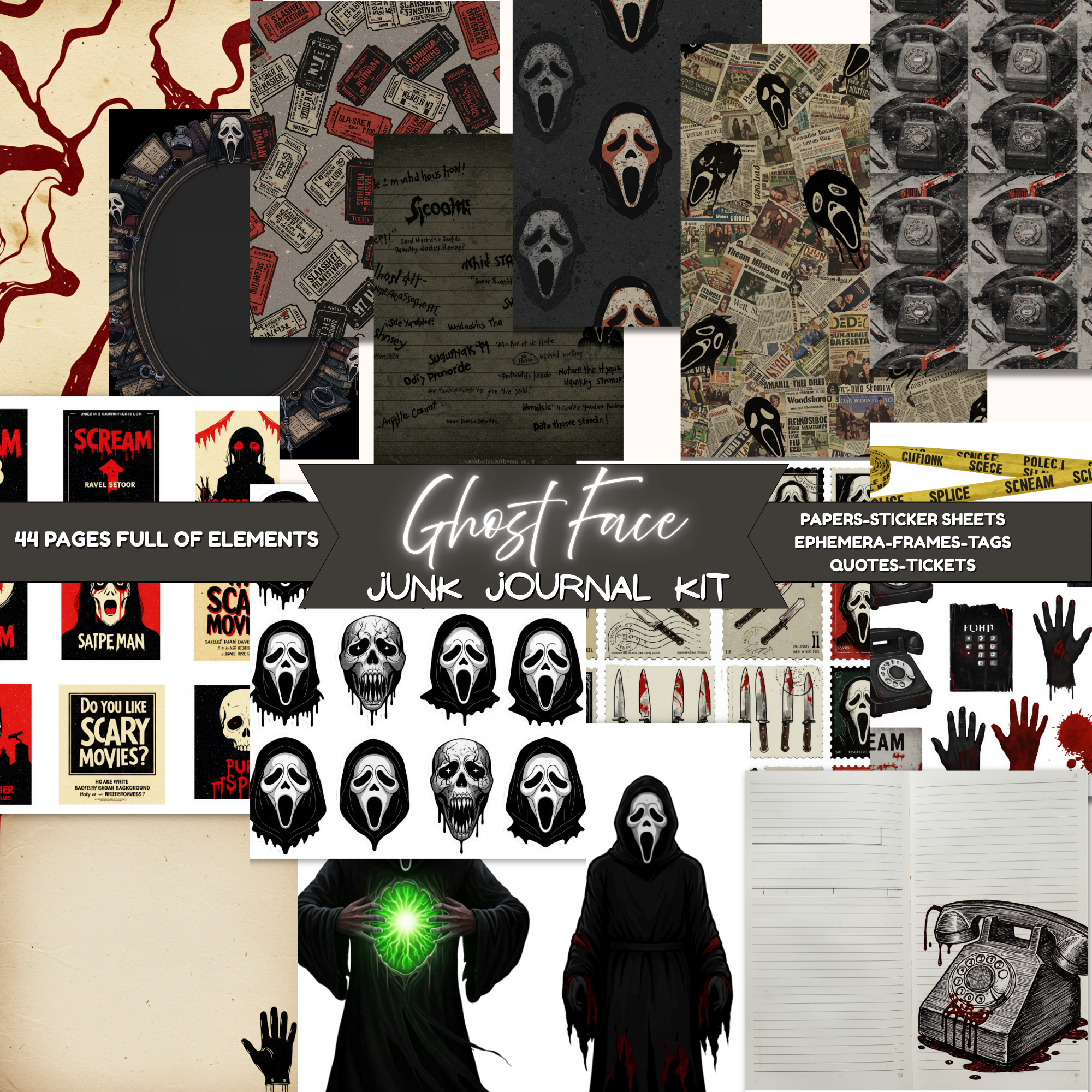 Ghost Face Slasher Junk Journal Kit | Pages Horror Ephemera Set | Vintage Horror Junk Journal Pages Bundle