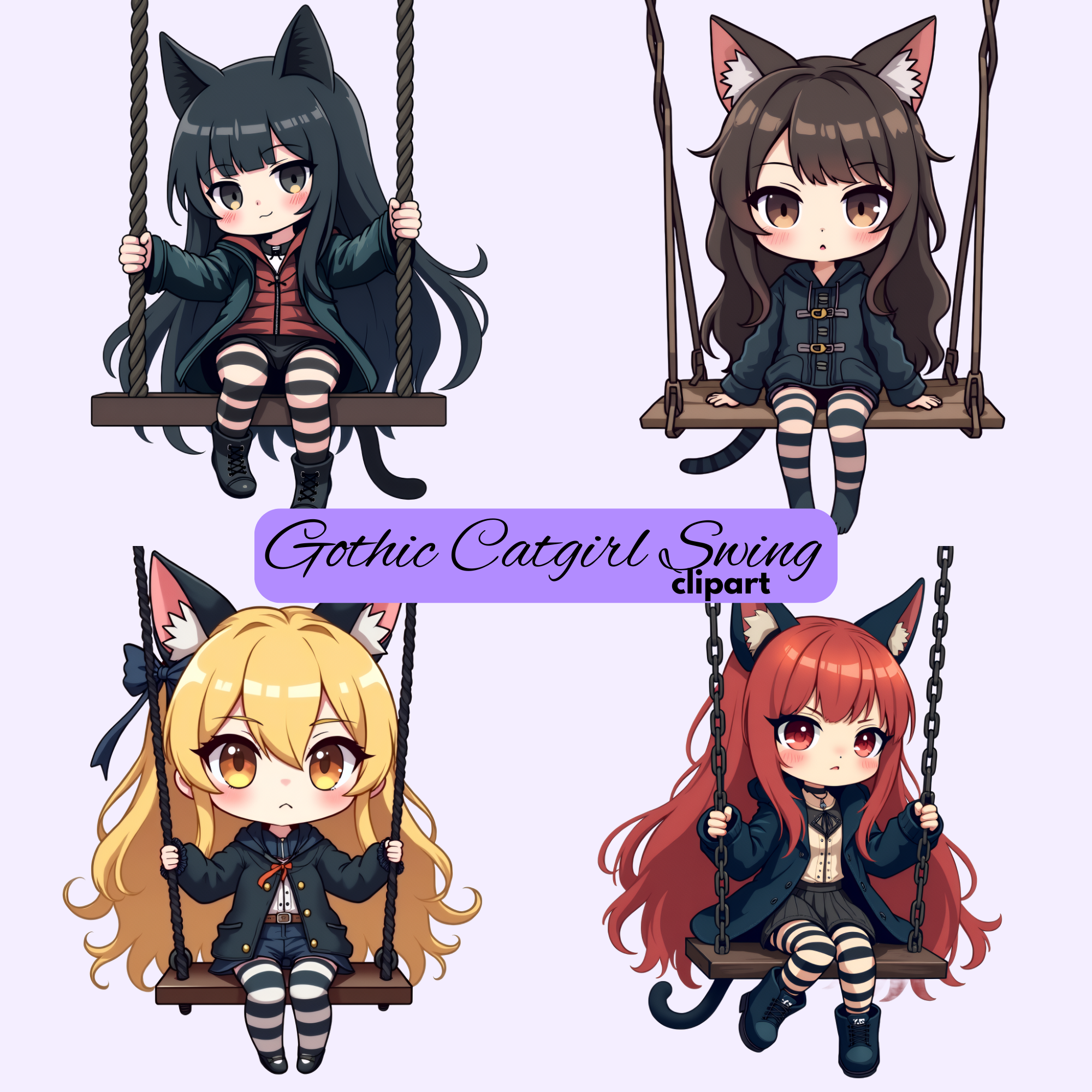 Gothic Catgirl Chibi Clipart Bundle - Kawaii Neko on Swing PNG, halloween images, witch images 